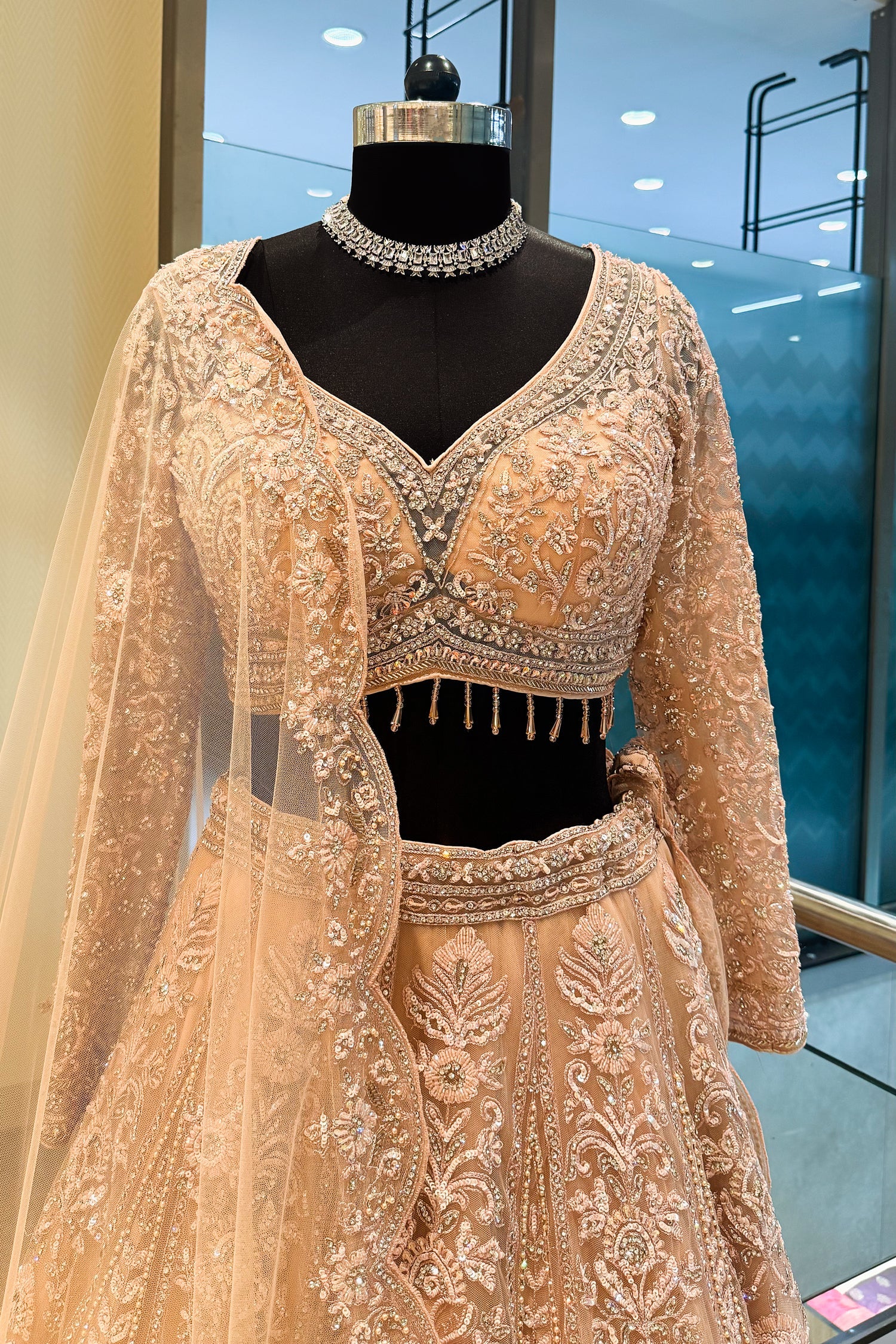 Peach Net Designer Handworked Lehenga - Image 4