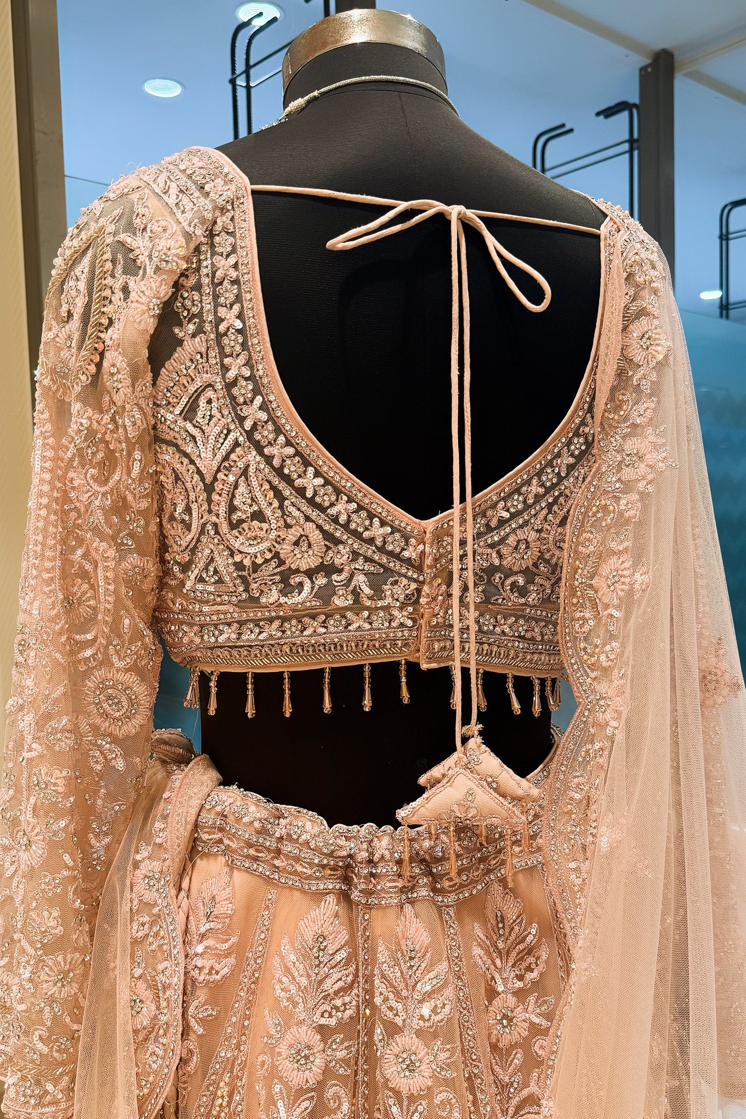 Peach Net Designer Handworked Lehenga - Image 5