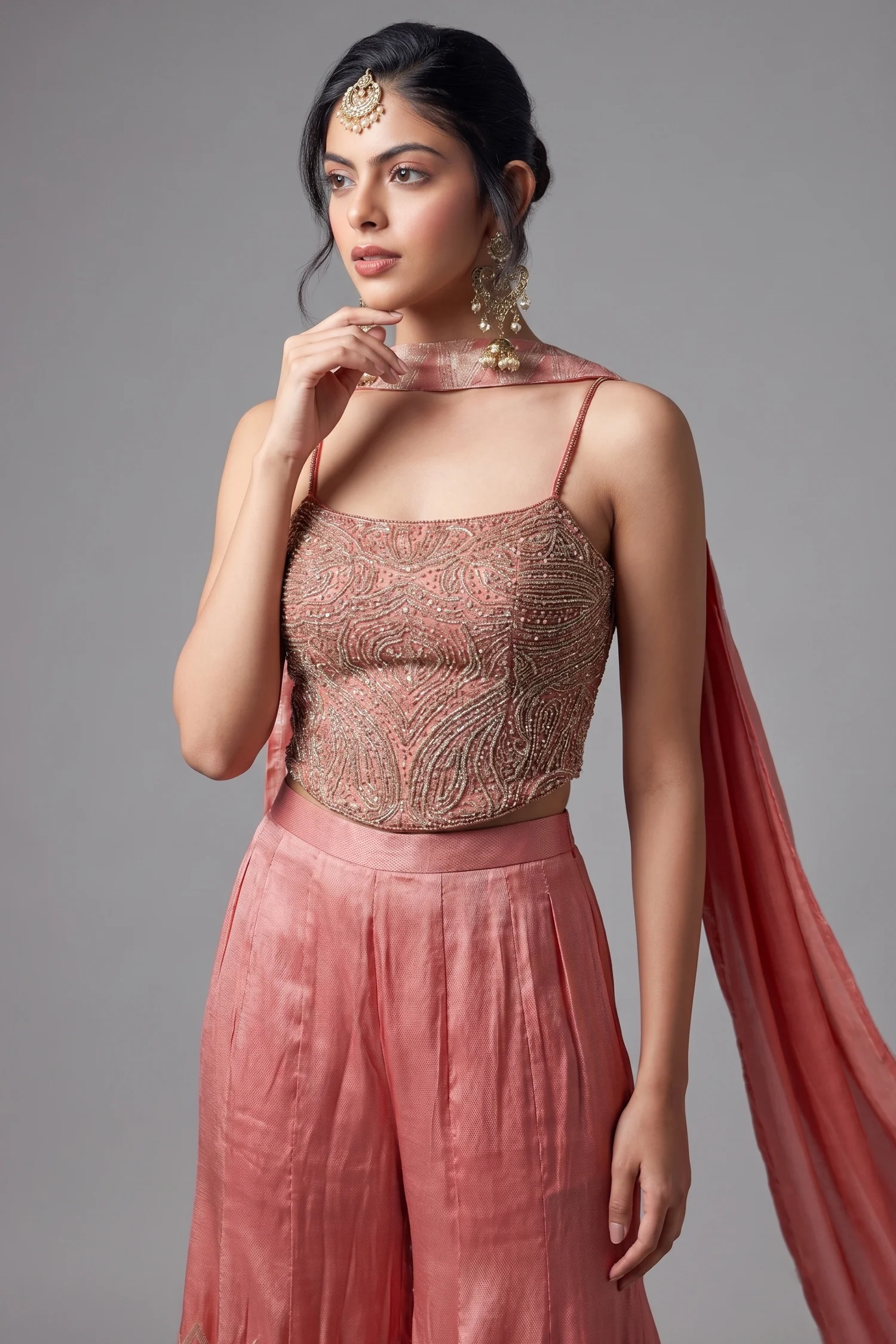 Peach Satin Georgette Silk Sequin Cutdana Crop Top Palazzo Set - Image 2