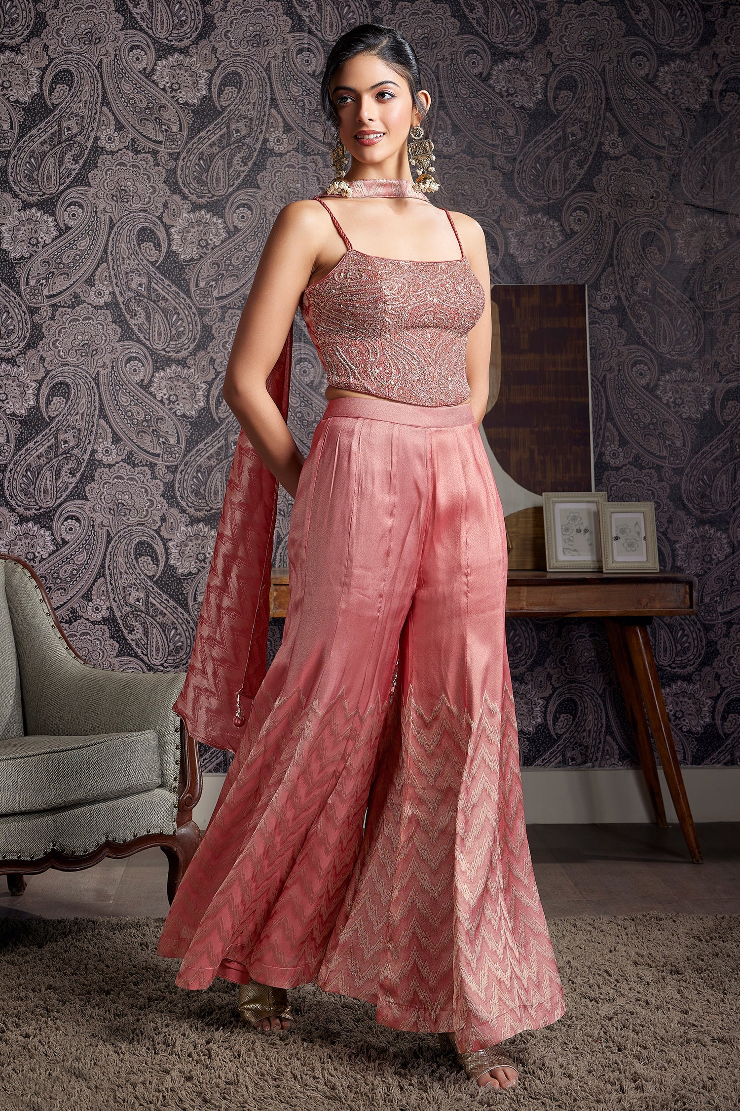 Peach Satin Georgette Silk Sequin Cutdana Crop Top Palazzo Set - Image 3