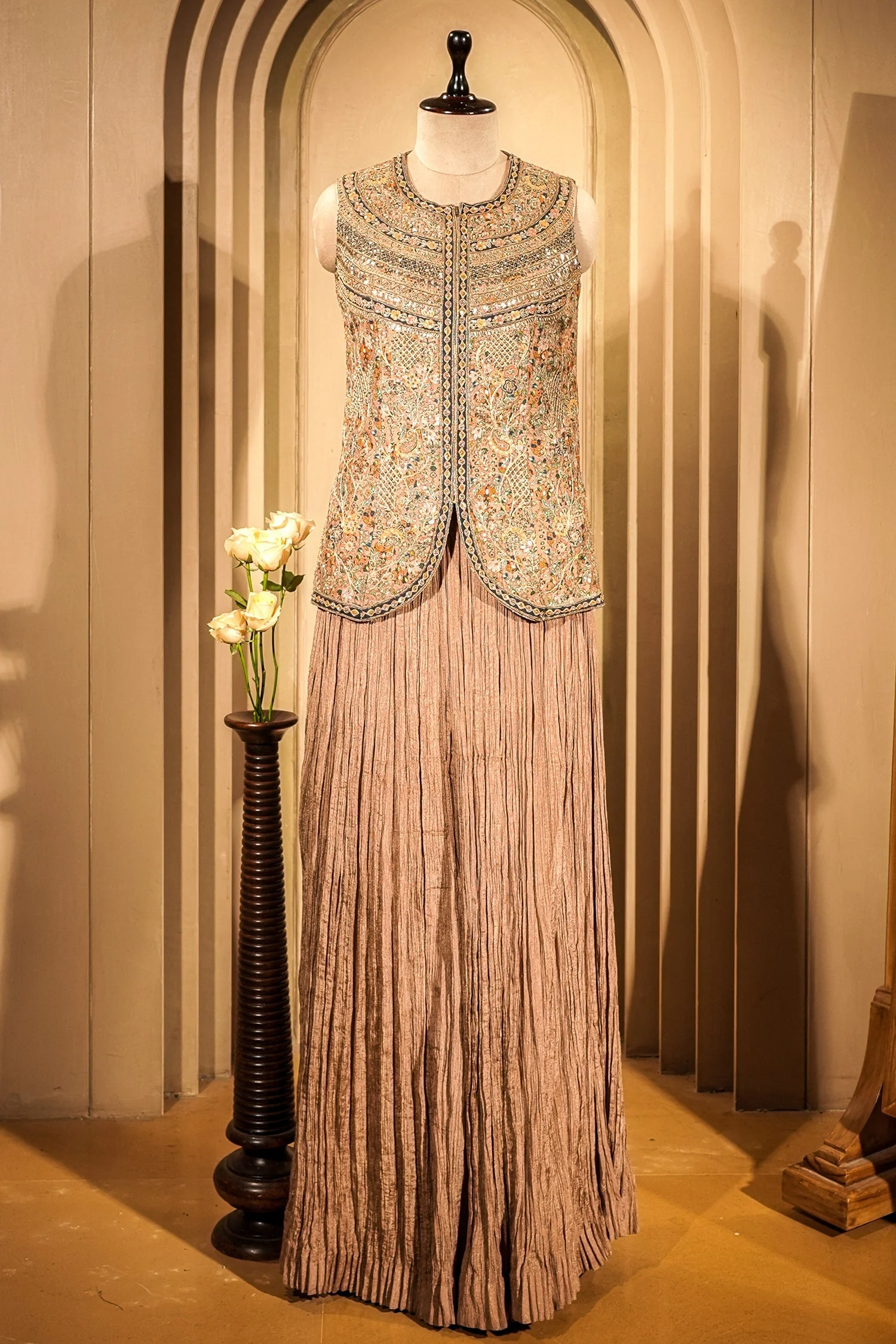 Peach Silk Printed Co-Ord Set Sequins Embroidery - Image 2