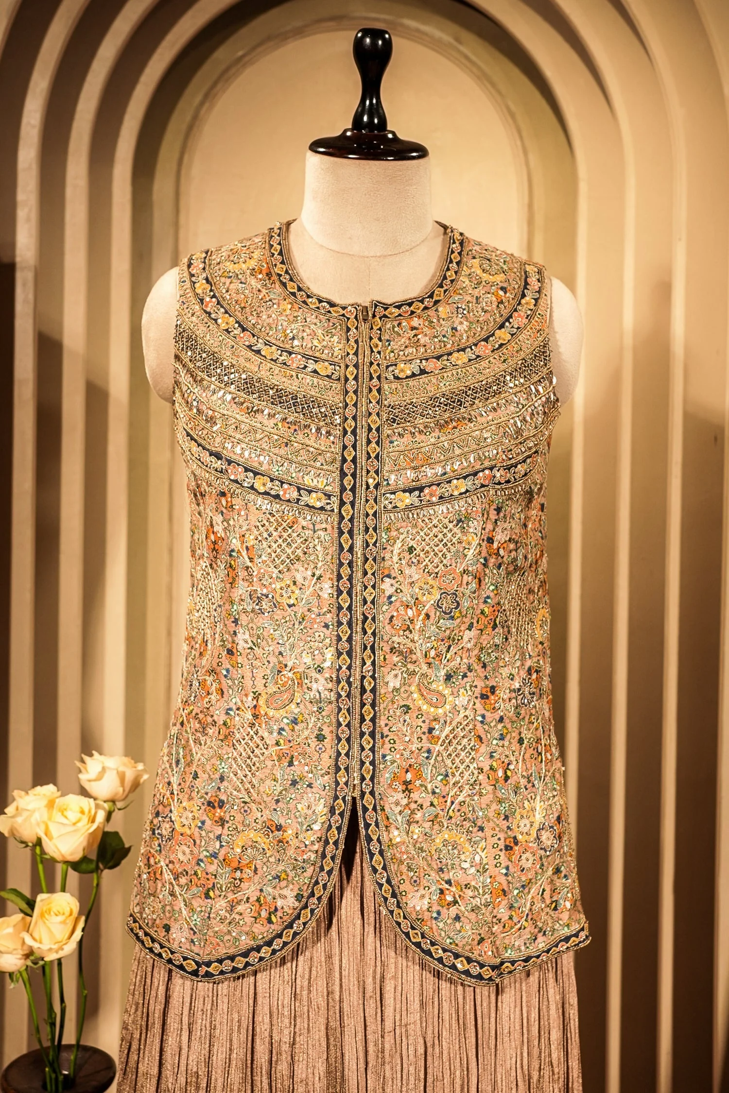 Peach Silk Printed Co-Ord Set Sequins Embroidery - Image 3