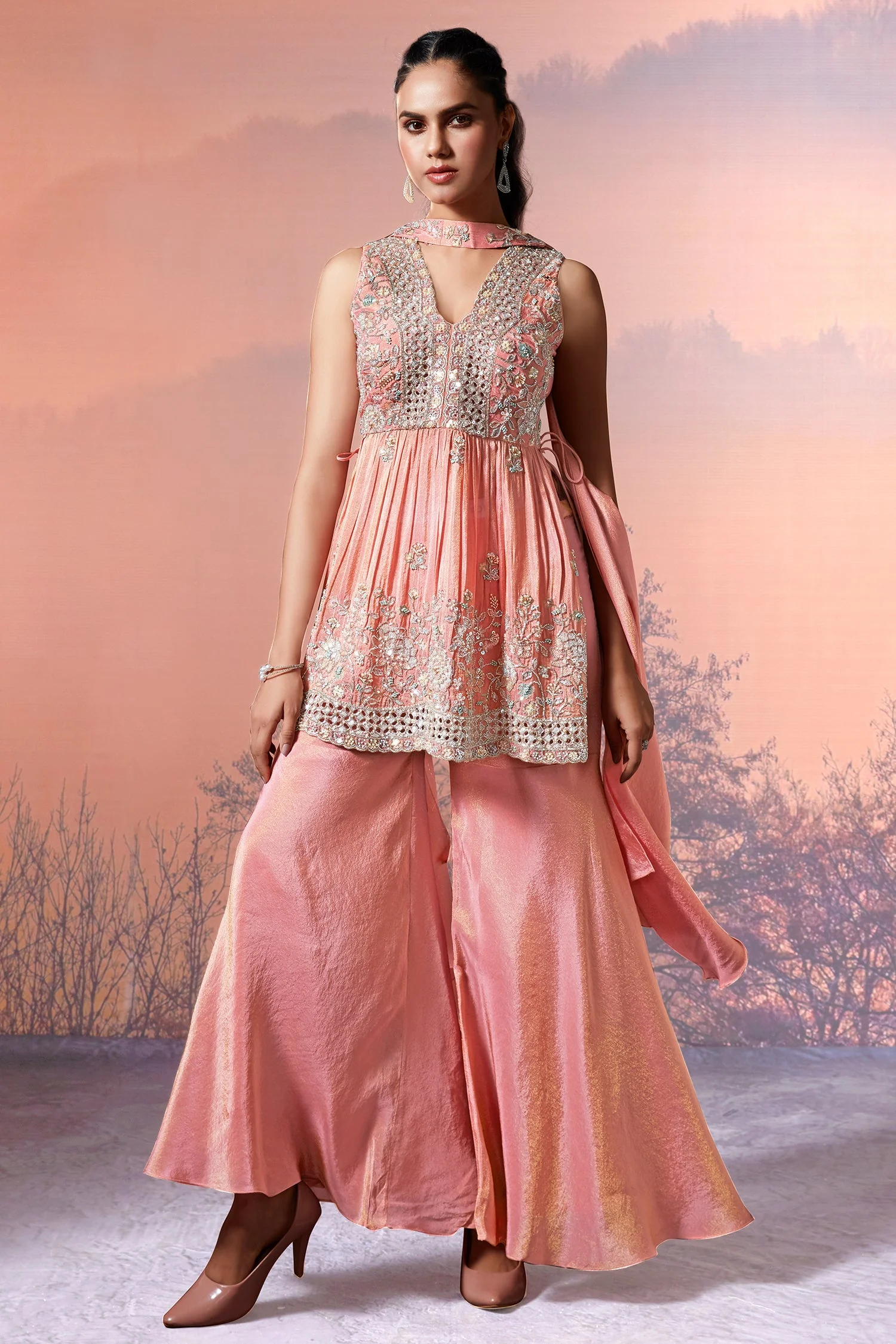 Peach Tissue Silk Cutdana worked Palazzo Suit - Image 2