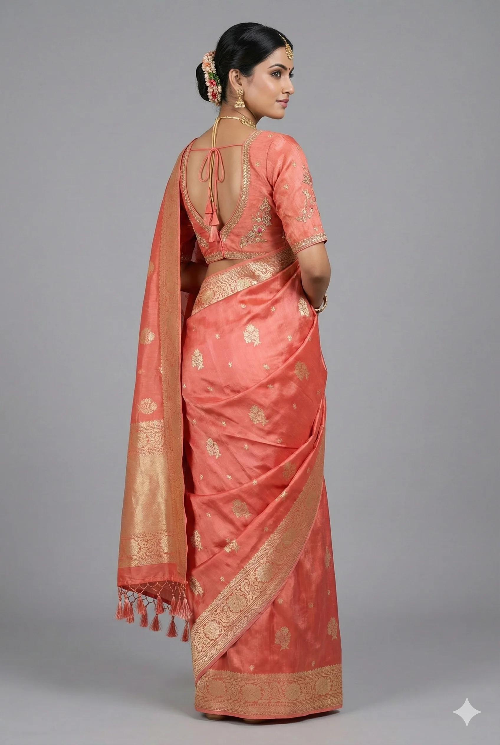 Peach Tissue Silk Woven Saree with Handwork Readymade Blouse - Image 2