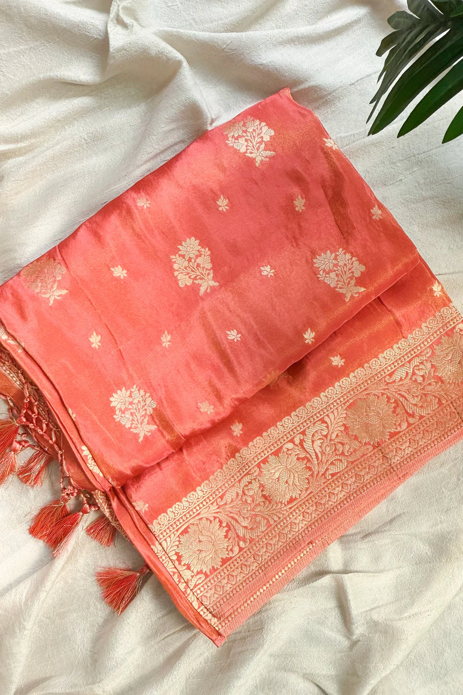 Peach Tissue Silk Woven Saree with Handwork Readymade Blouse - Image 3