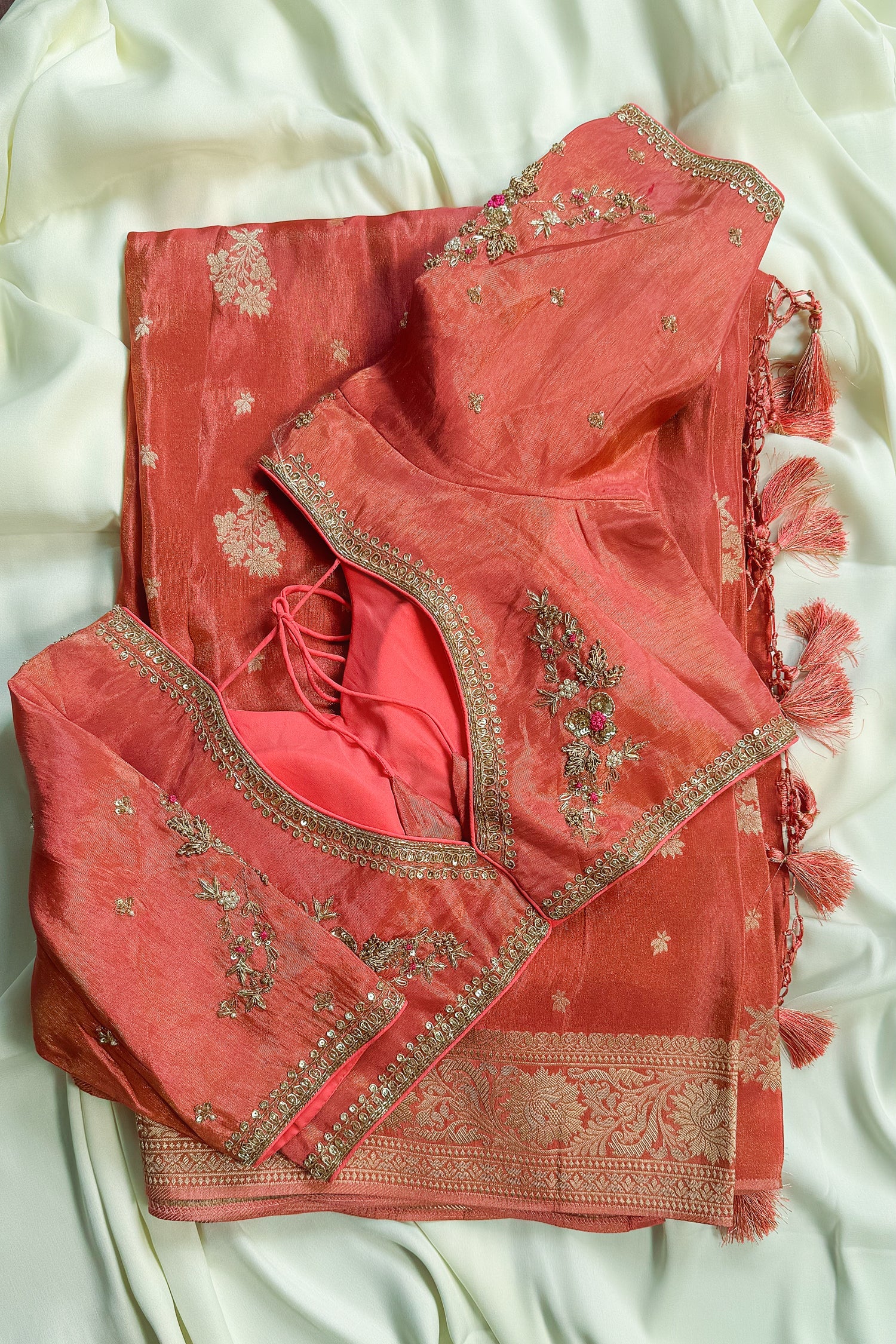 Peach Tissue Silk Woven Saree with Handwork Readymade Blouse - Image 4