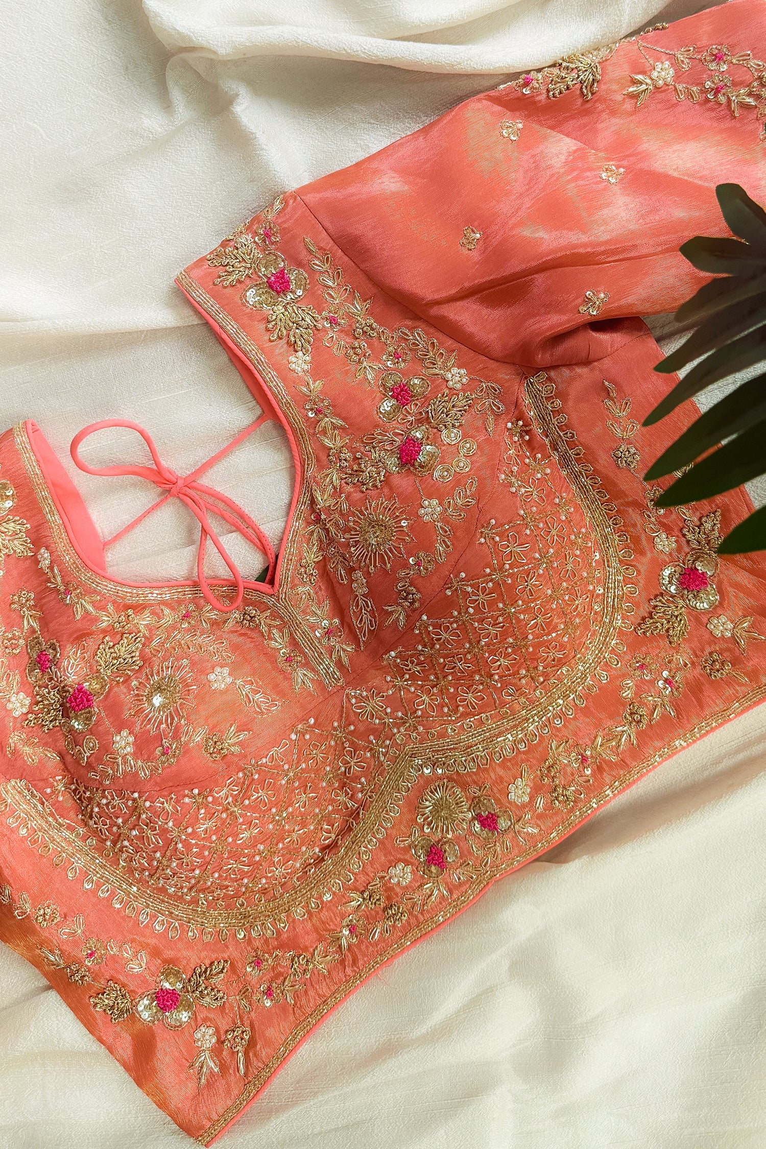 Peach Tissue Silk Woven Saree with Handwork Readymade Blouse - Image 5