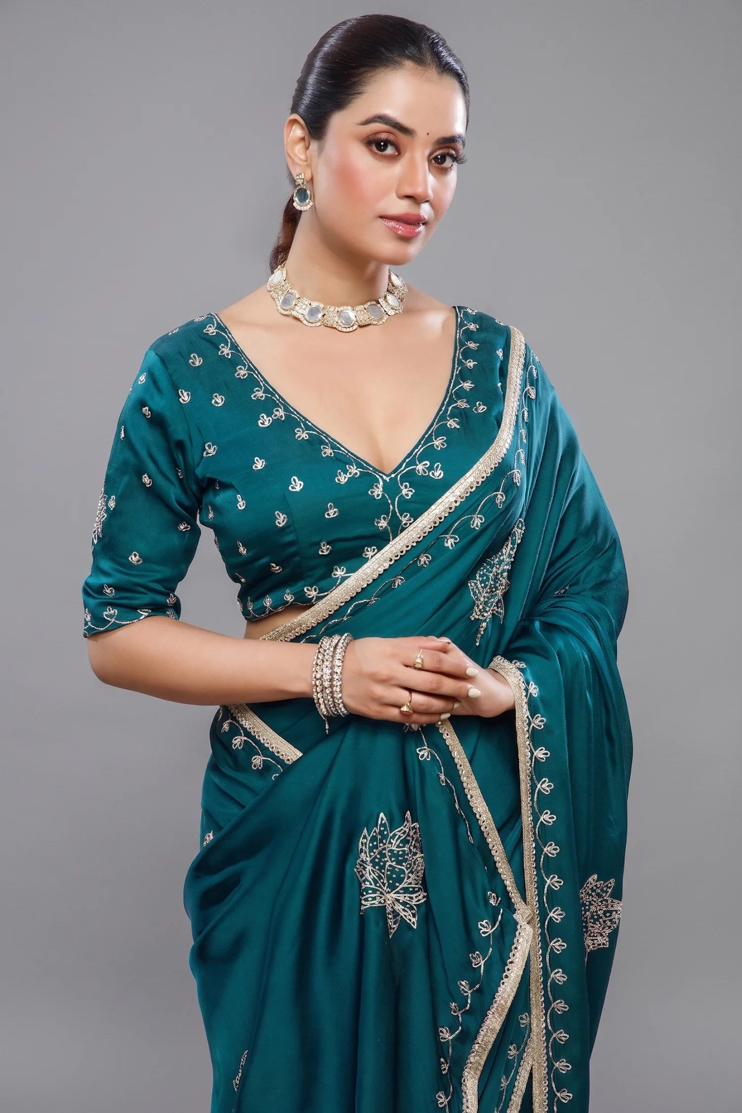 Peacock Blue Satin Silk Beads and Mirror Worked Saree with Readymade Blouse - Image 2