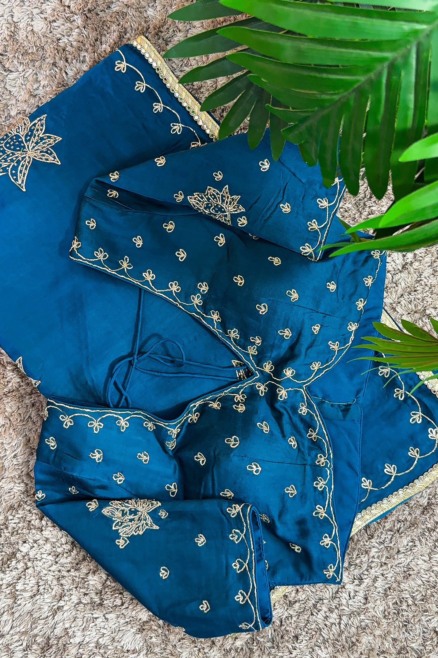 Peacock Blue Satin Silk Beads and Mirror Worked Saree with Readymade Blouse - Image 3