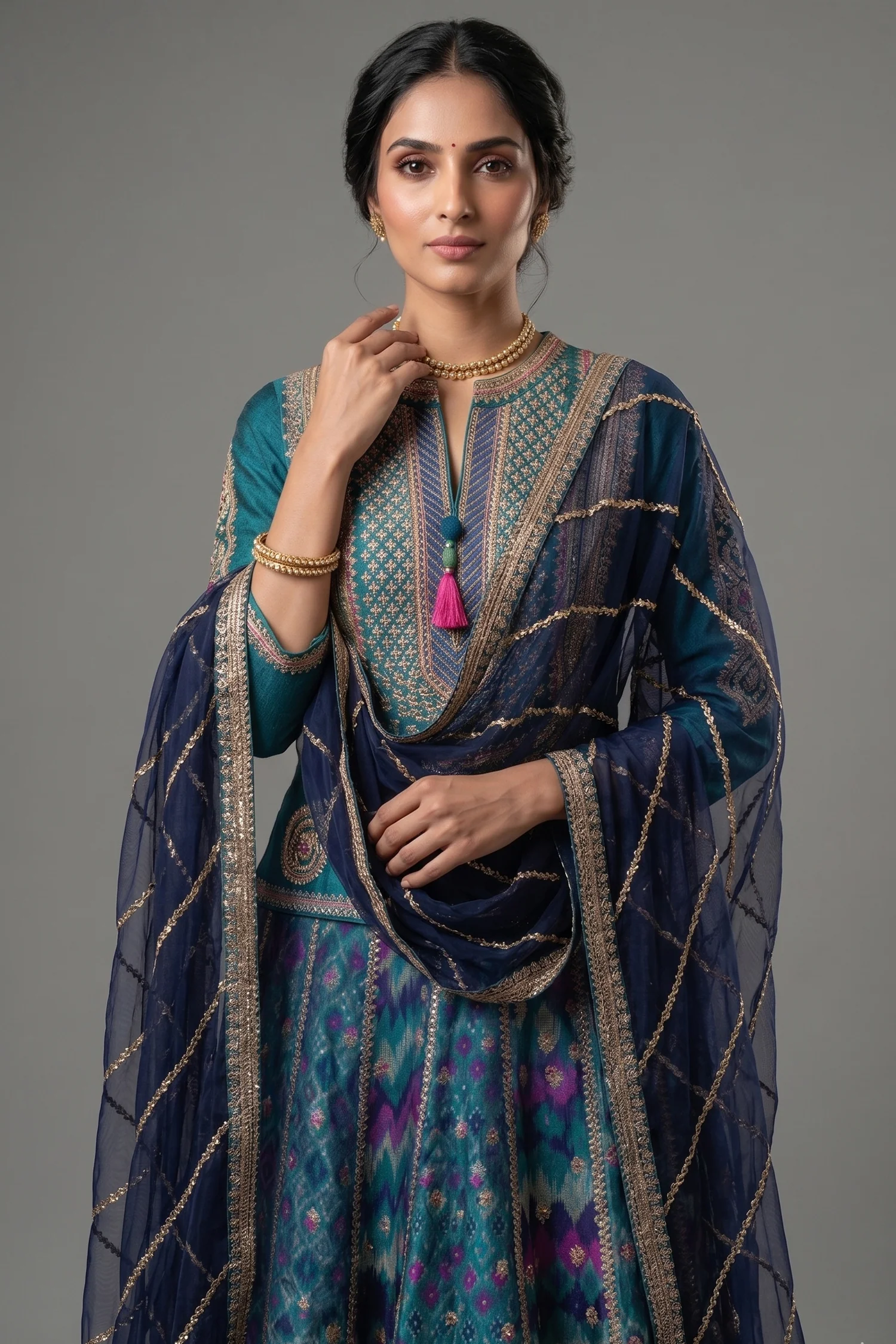 Peacock Blue Silk Sequin Embroidered Lehenga Set - Image 2