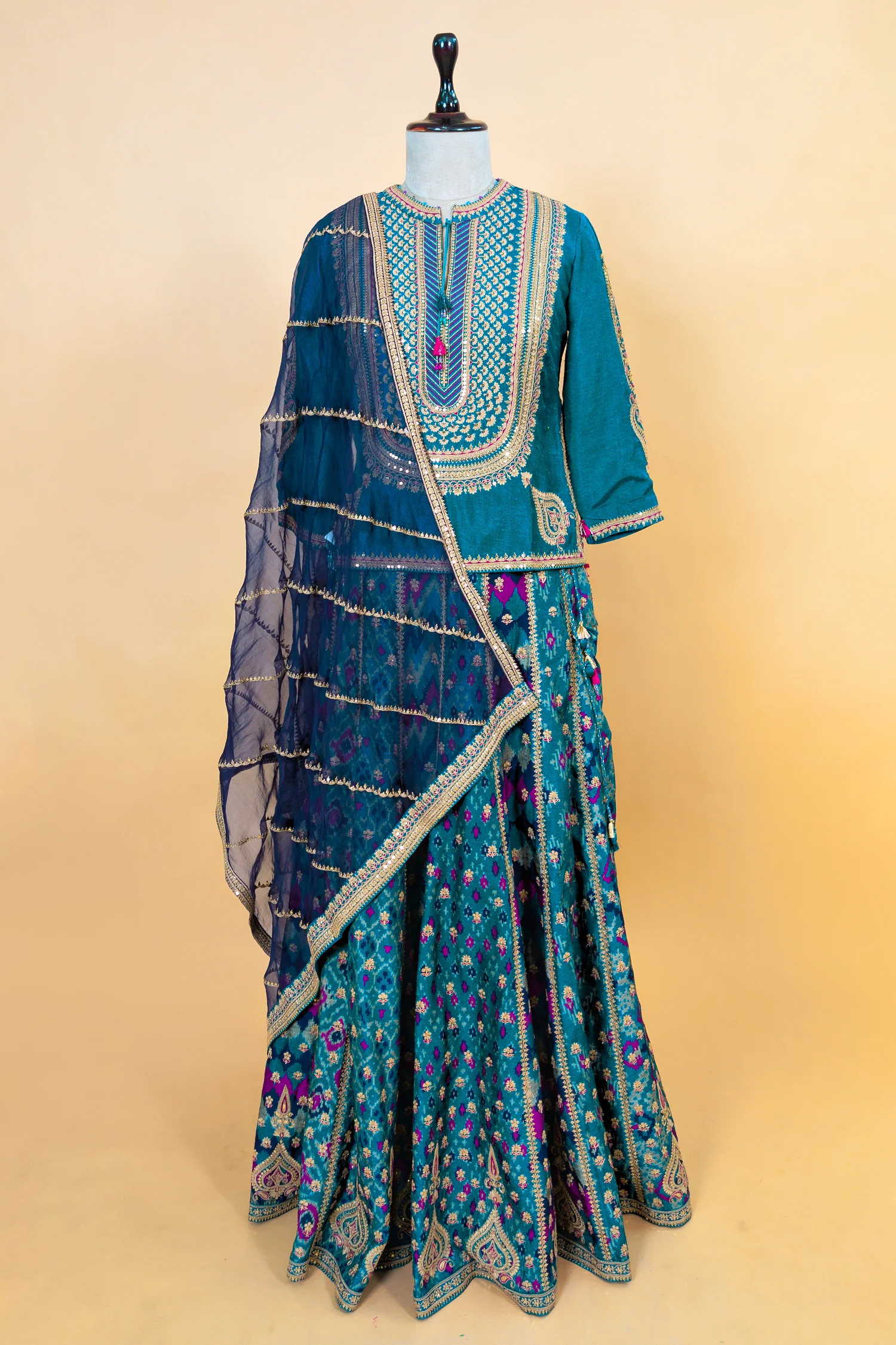Peacock Blue Silk Sequin Embroidered Lehenga Set - Image 3
