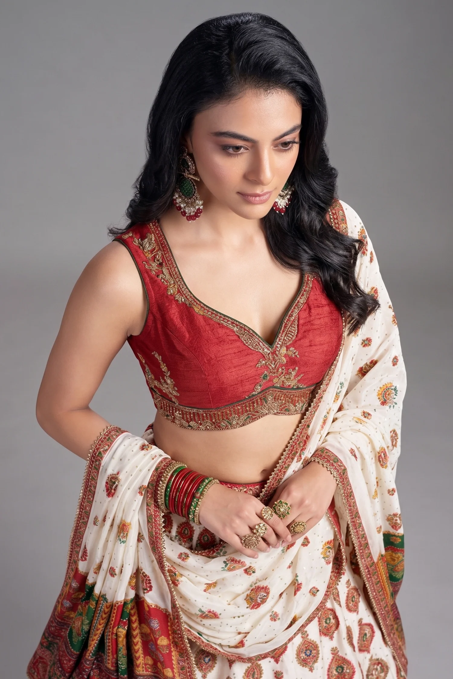 Pearl White and Multi Colored Chiffon Silk Printed Lehenga - Image 2