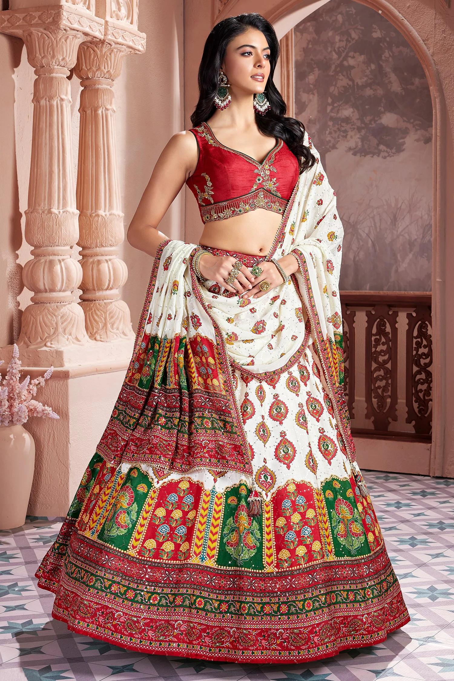 Pearl White and Multi Colored Chiffon Silk Printed Lehenga - Image 3