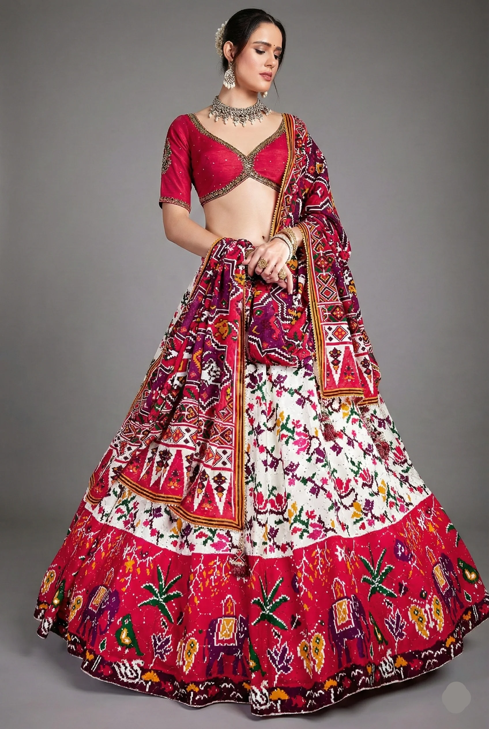 Pearl White and Red Chiffon Silk Ikkat Patola Printed Lehenga with Contrast Border