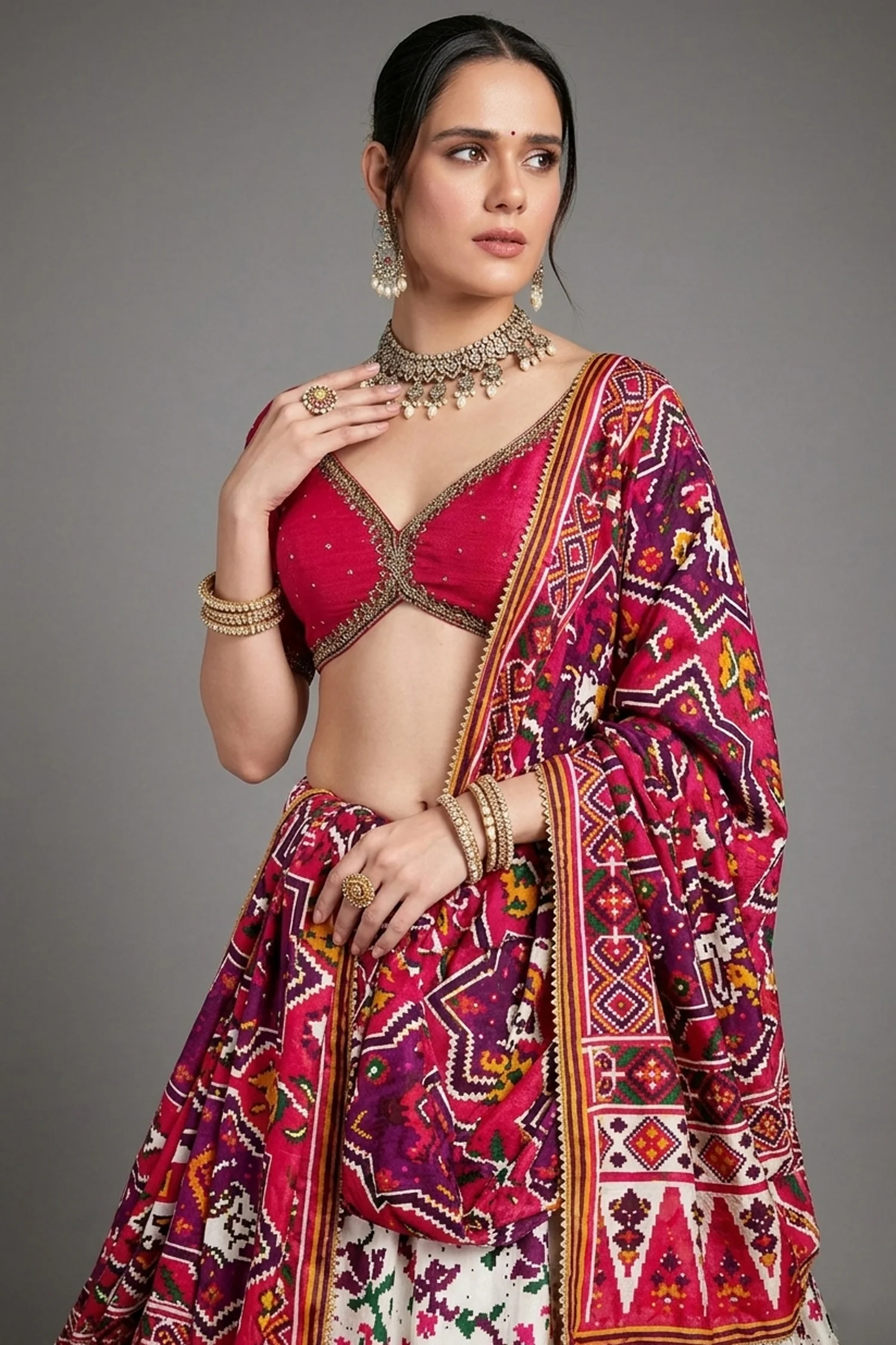 Pearl White and Red Chiffon Silk Ikkat Patola Printed Lehenga with Contrast Border - Image 2