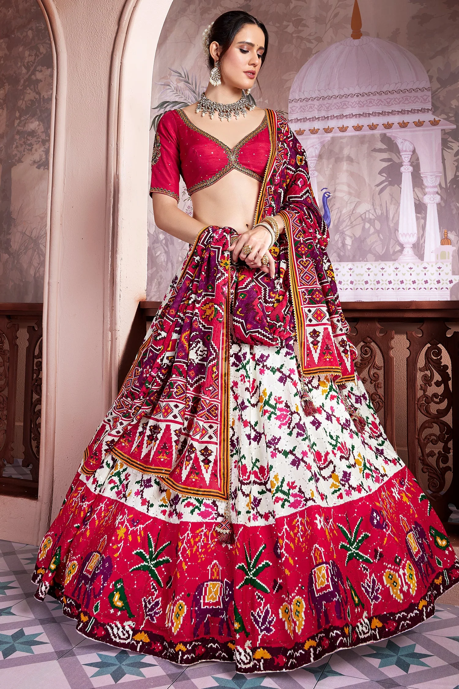 Pearl White and Red Chiffon Silk Ikkat Patola Printed Lehenga with Contrast Border - Image 3