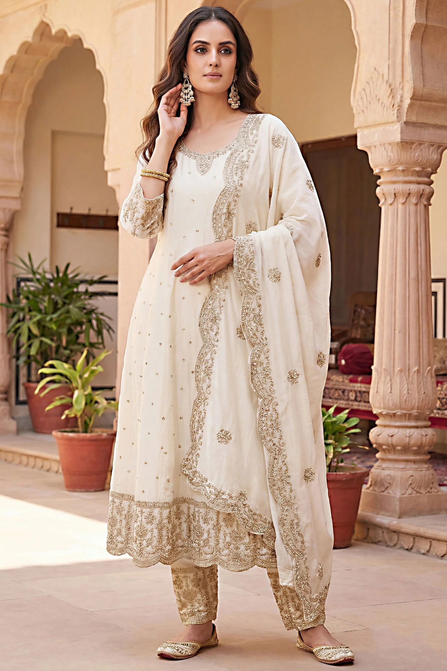 Pearl White Art Silk Sequin Embroidered Anarkali Suit with Scallop Border - Image 3
