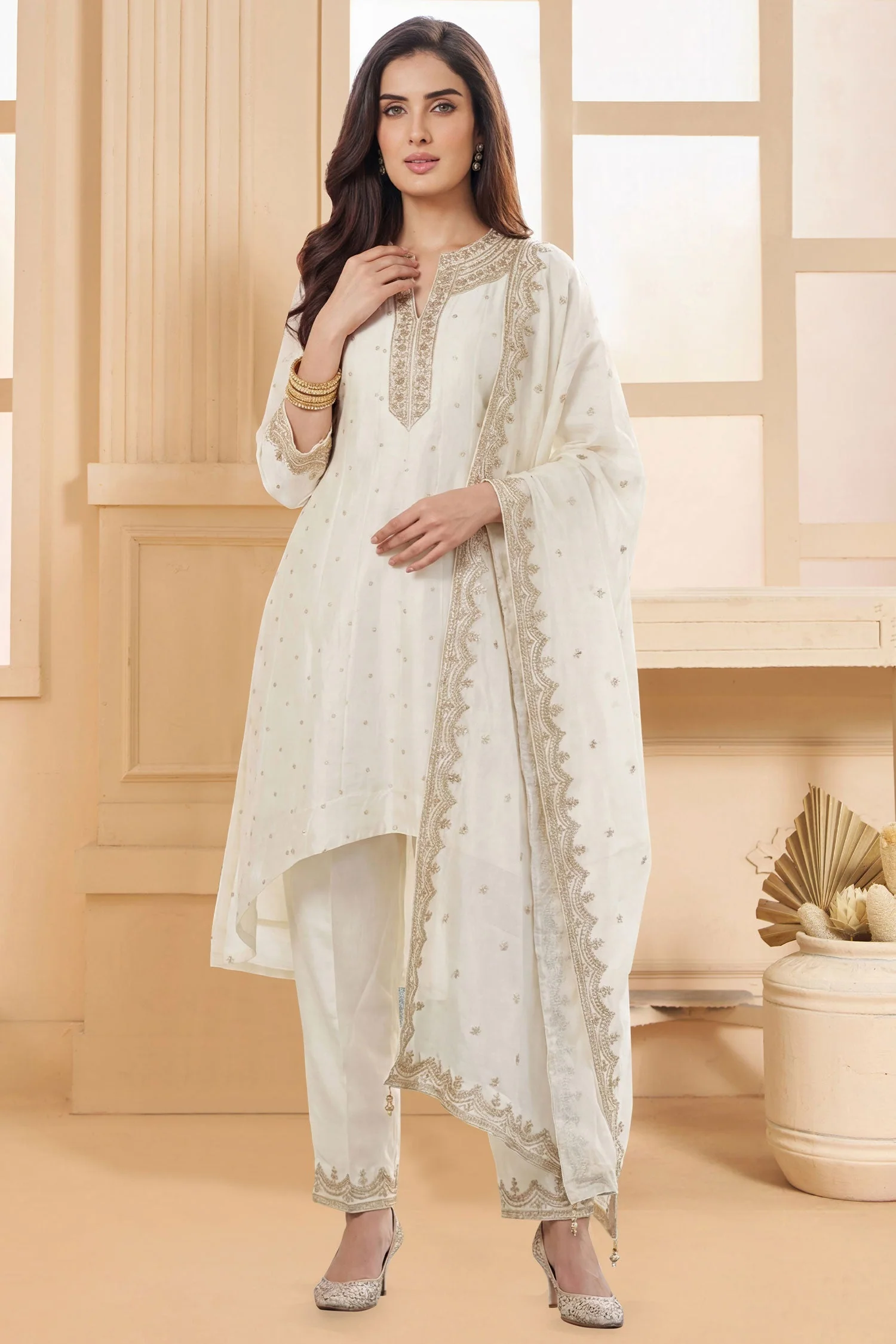 Pearl White Art Silk Sequin Embroidered High and Low Suit - Image 3