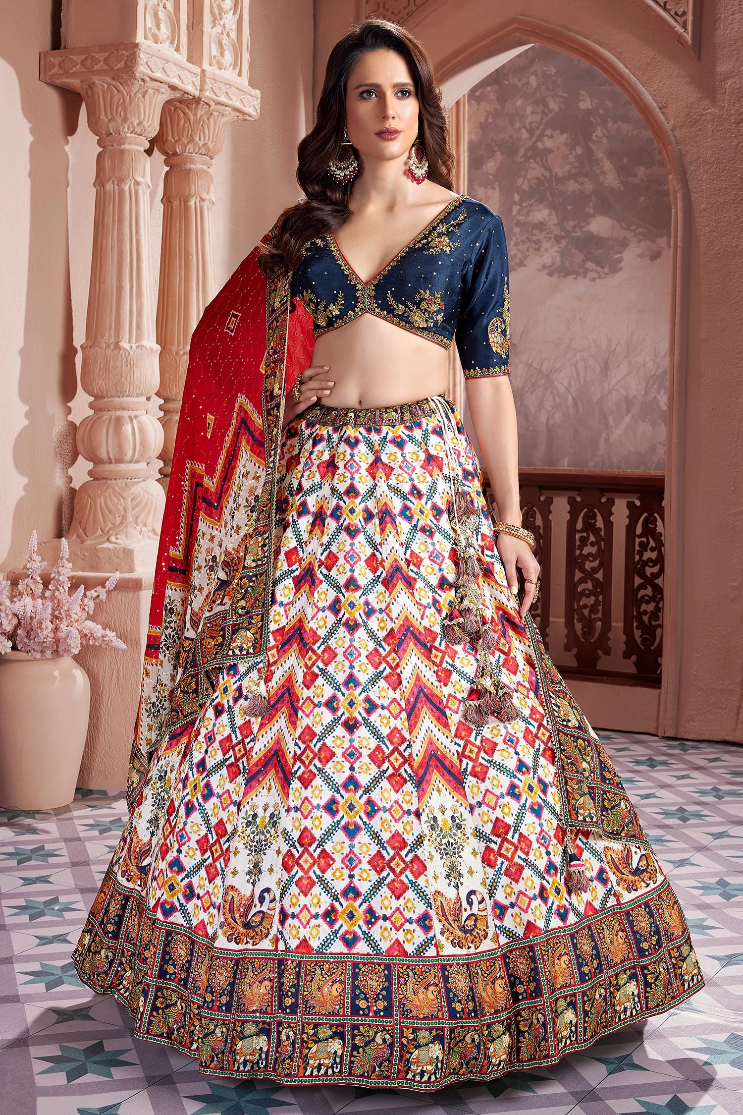 Pearl White Chiffon Silk Printed Lehenga with Sequins Work - Image 3