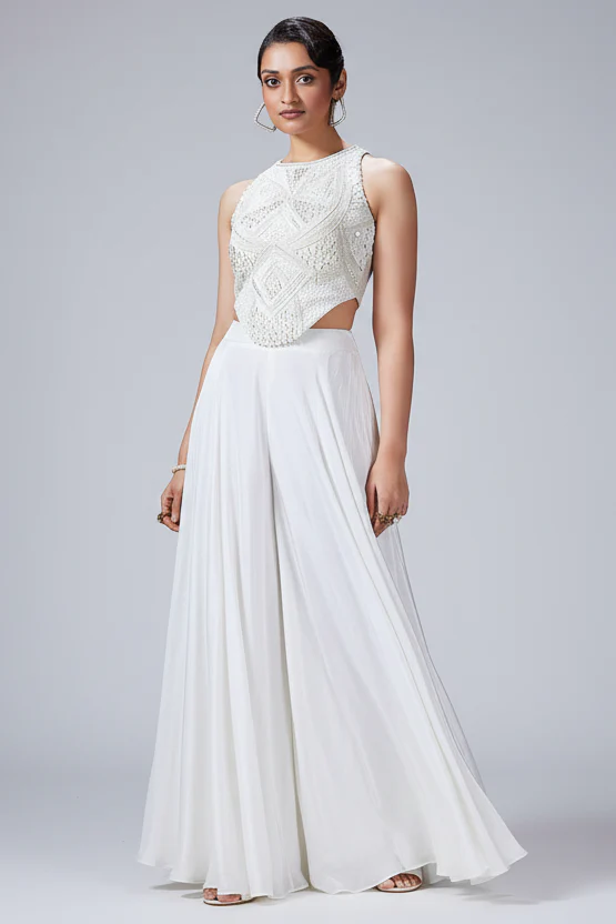 Pearl White Crepe Silk Corset Top and Palazzo Set with Sequin and Cutdana Bead Work