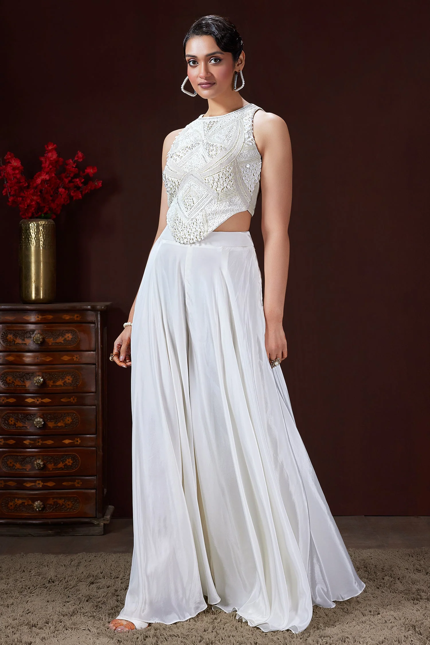 Pearl White Crepe Silk Corset Top and Palazzo Set with Sequin and Cutdana Bead Work - Image 2