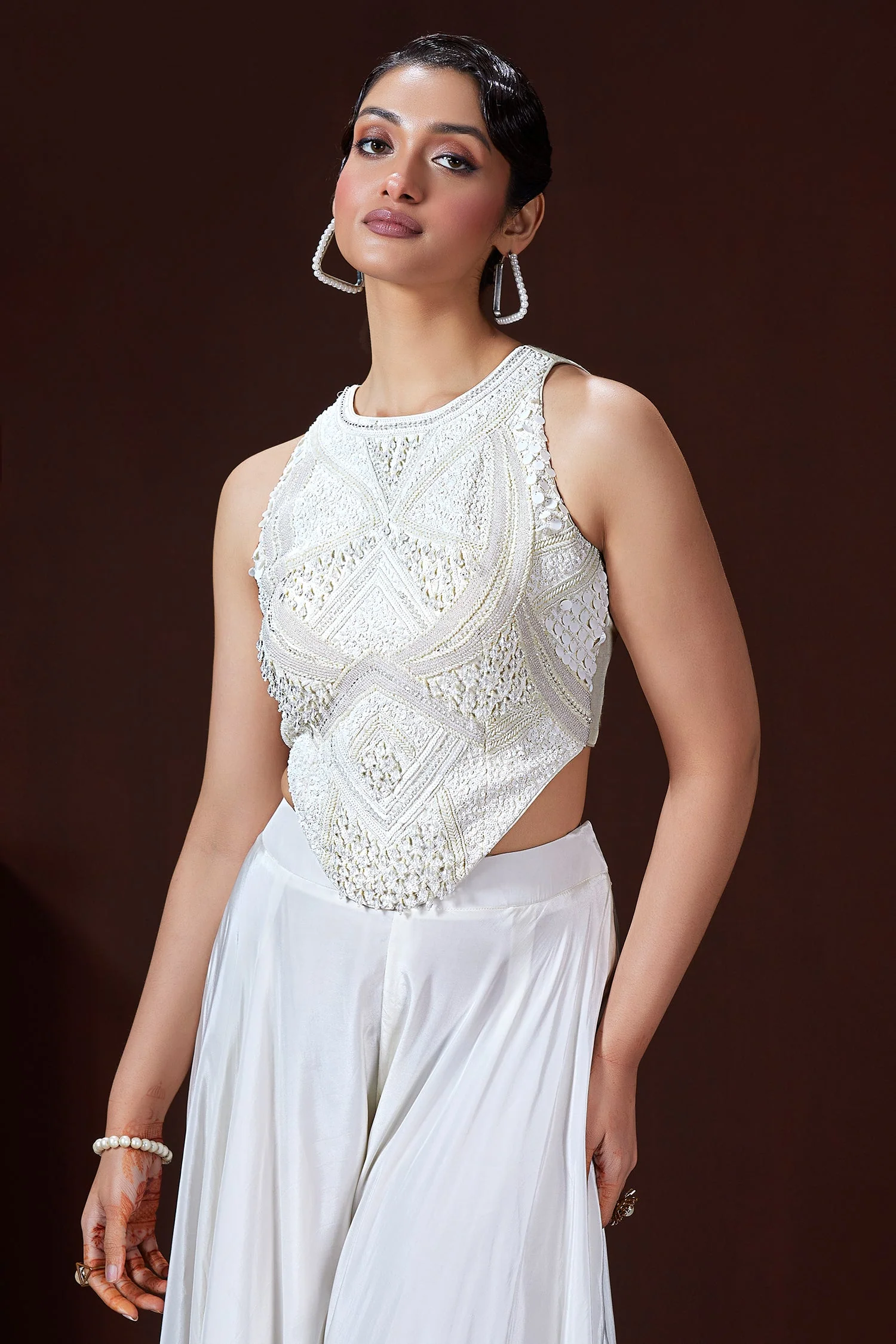 Pearl White Crepe Silk Corset Top and Palazzo Set with Sequin and Cutdana Bead Work - Image 3