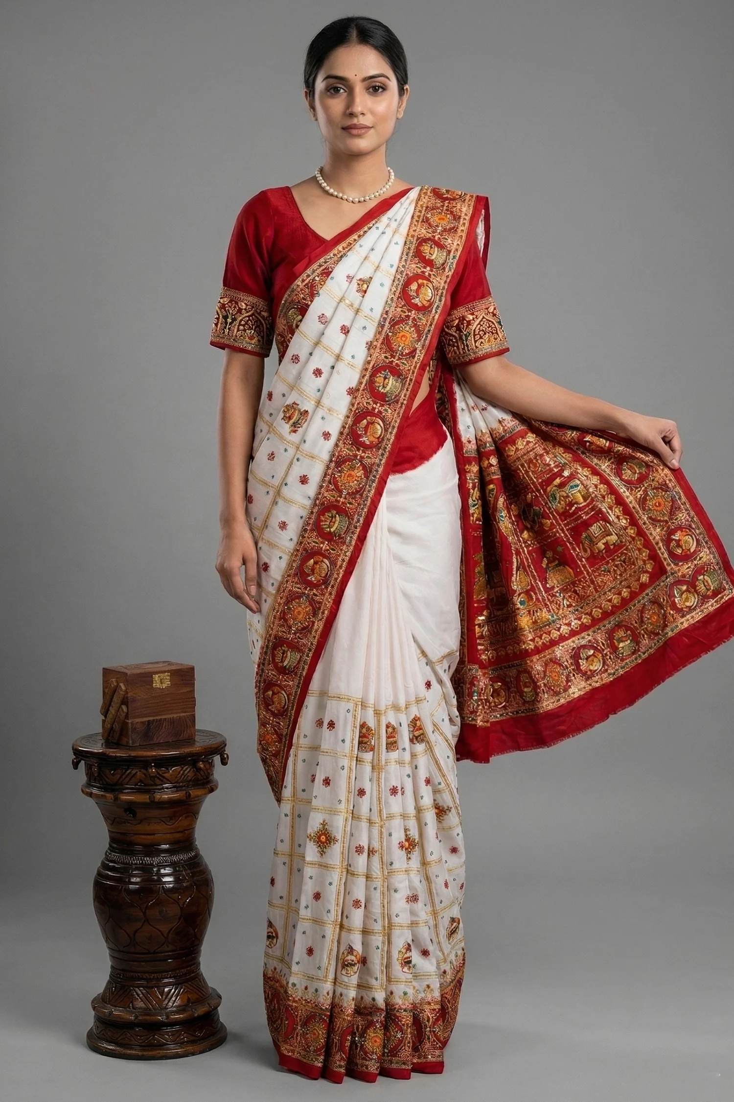 Pearl White Gaji Silk Bridal Panetar Saree with Embroidery