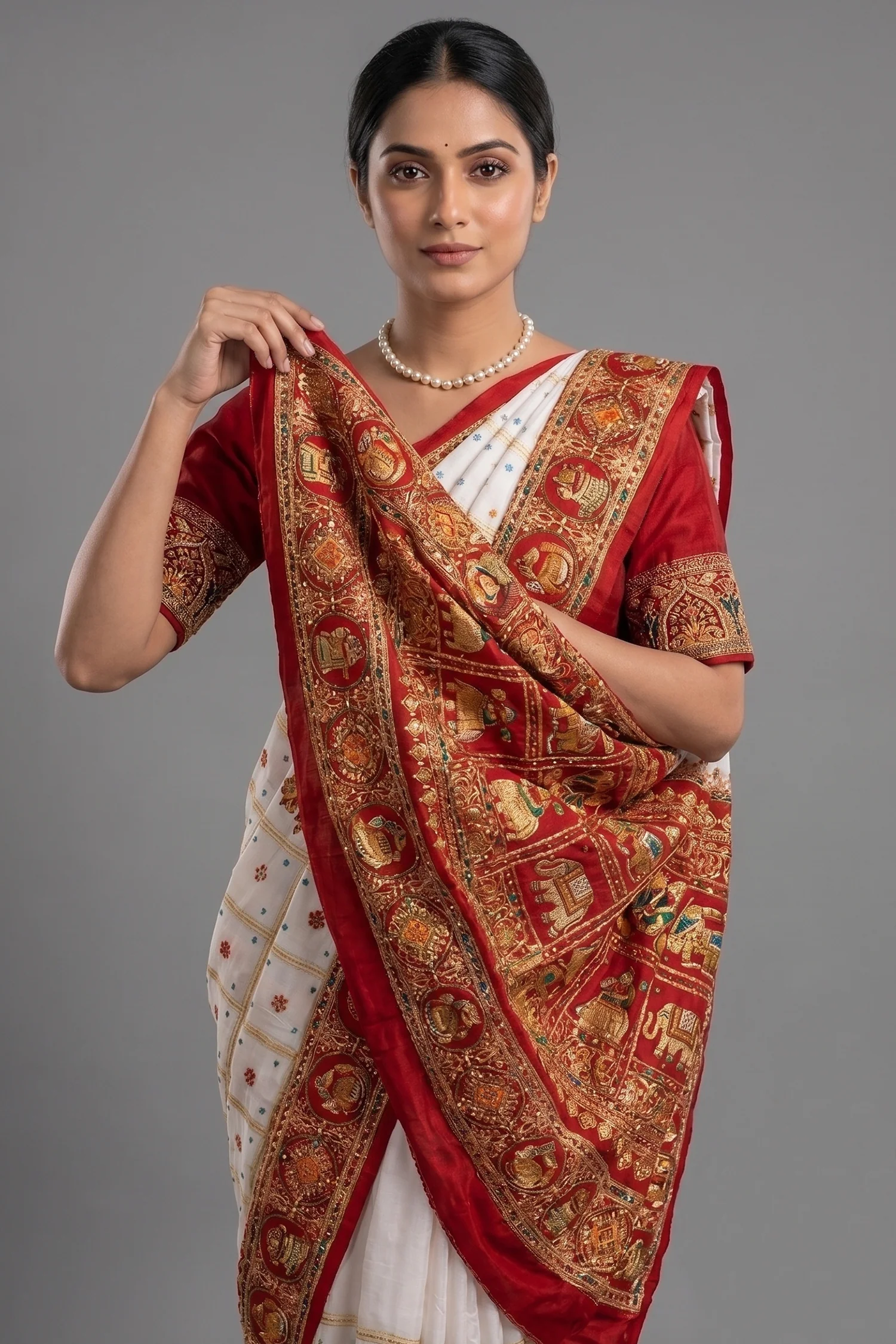Pearl White Gaji Silk Bridal Panetar Saree with Embroidery - Image 2