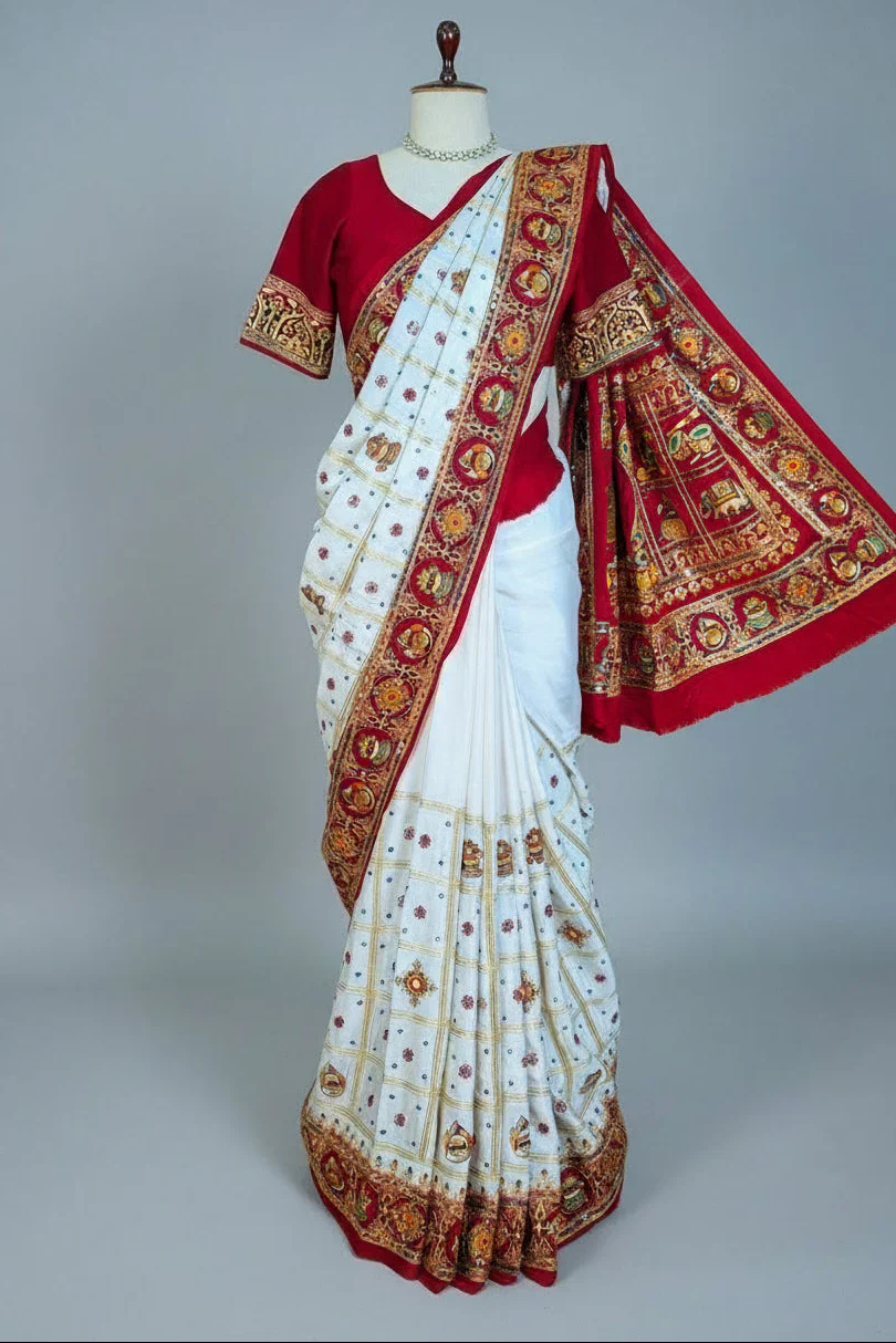Pearl White Gaji Silk Bridal Panetar Saree with Embroidery - Image 3