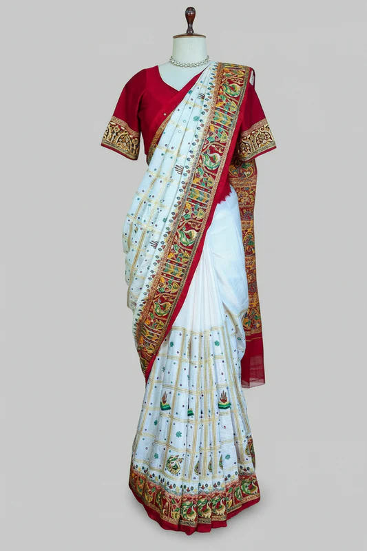 Pearl White Gaji Silk Bridal Panetar Saree with Embroidery - Image 3