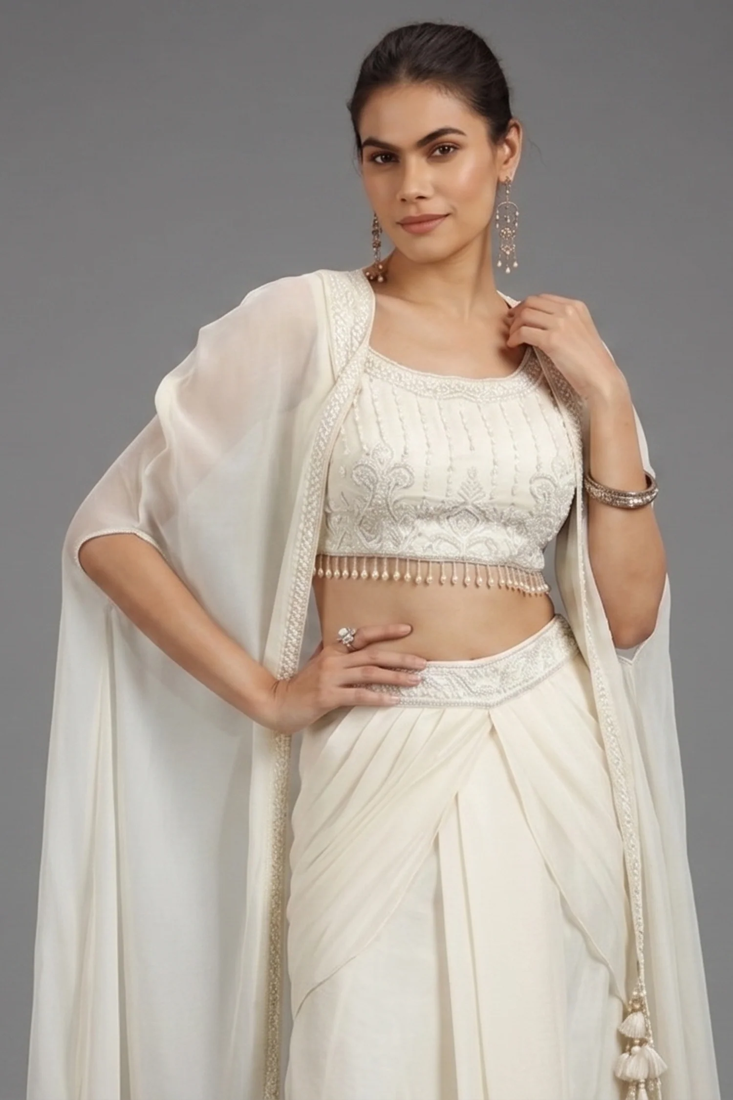 Pearl White Georgette Embellished Crop Top with Draped Skirt with Jacket - Image 2