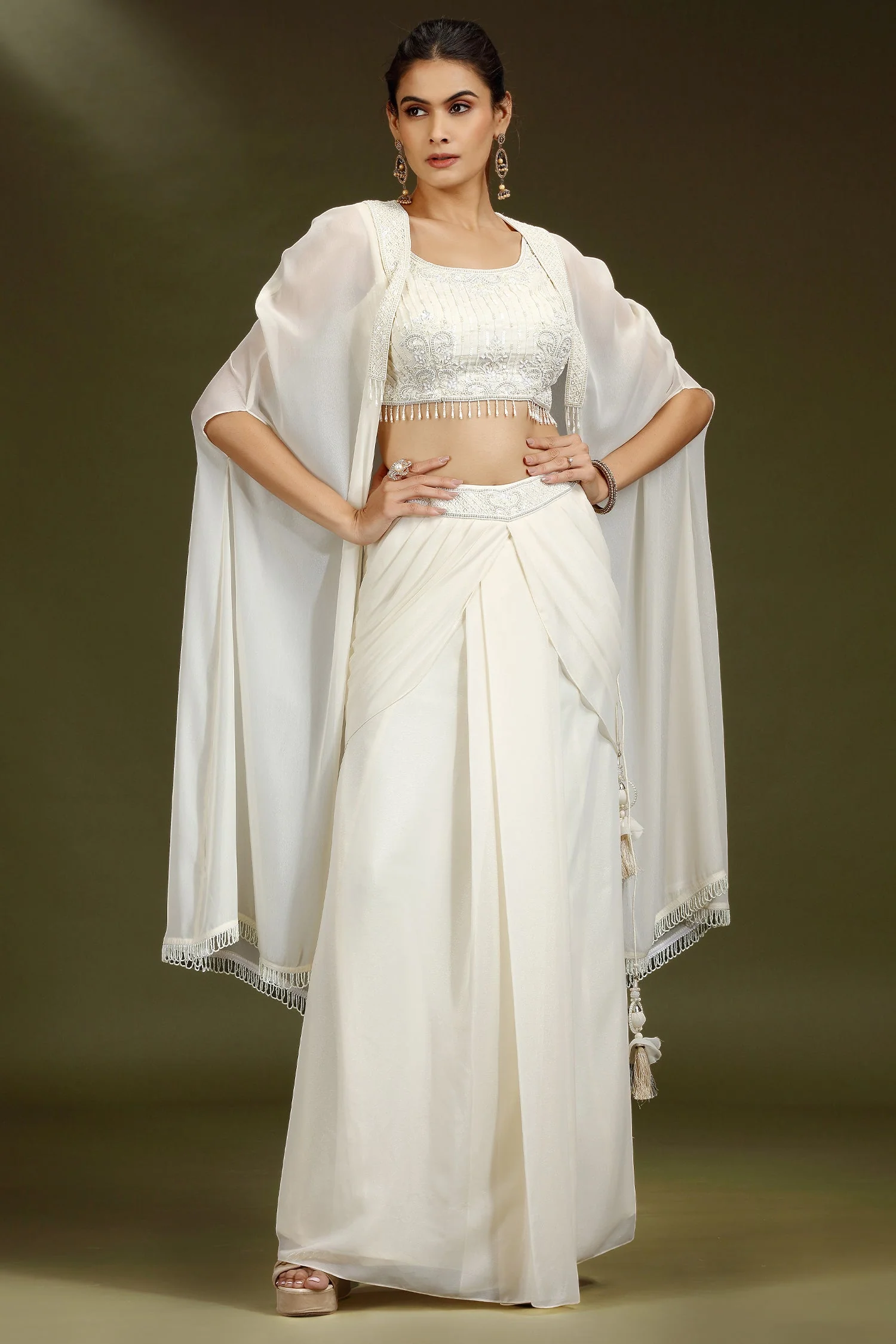 Pearl White Georgette Embellished Crop Top with Draped Skirt with Jacket - Image 3
