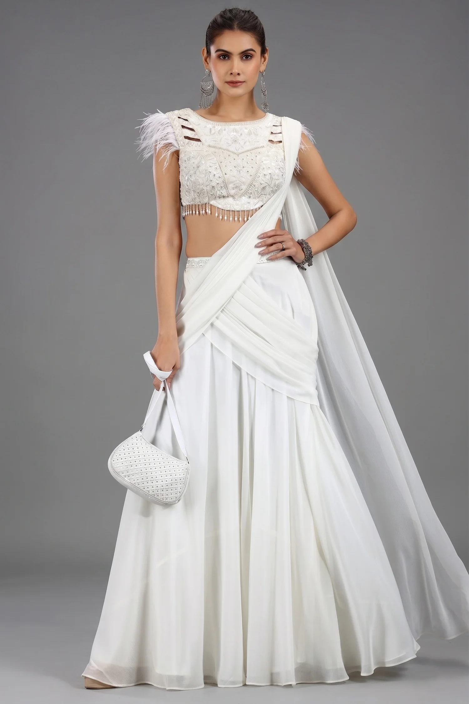 Pearl White Georgette Lehenga with Embellished Crop Top and Attached Dupatta