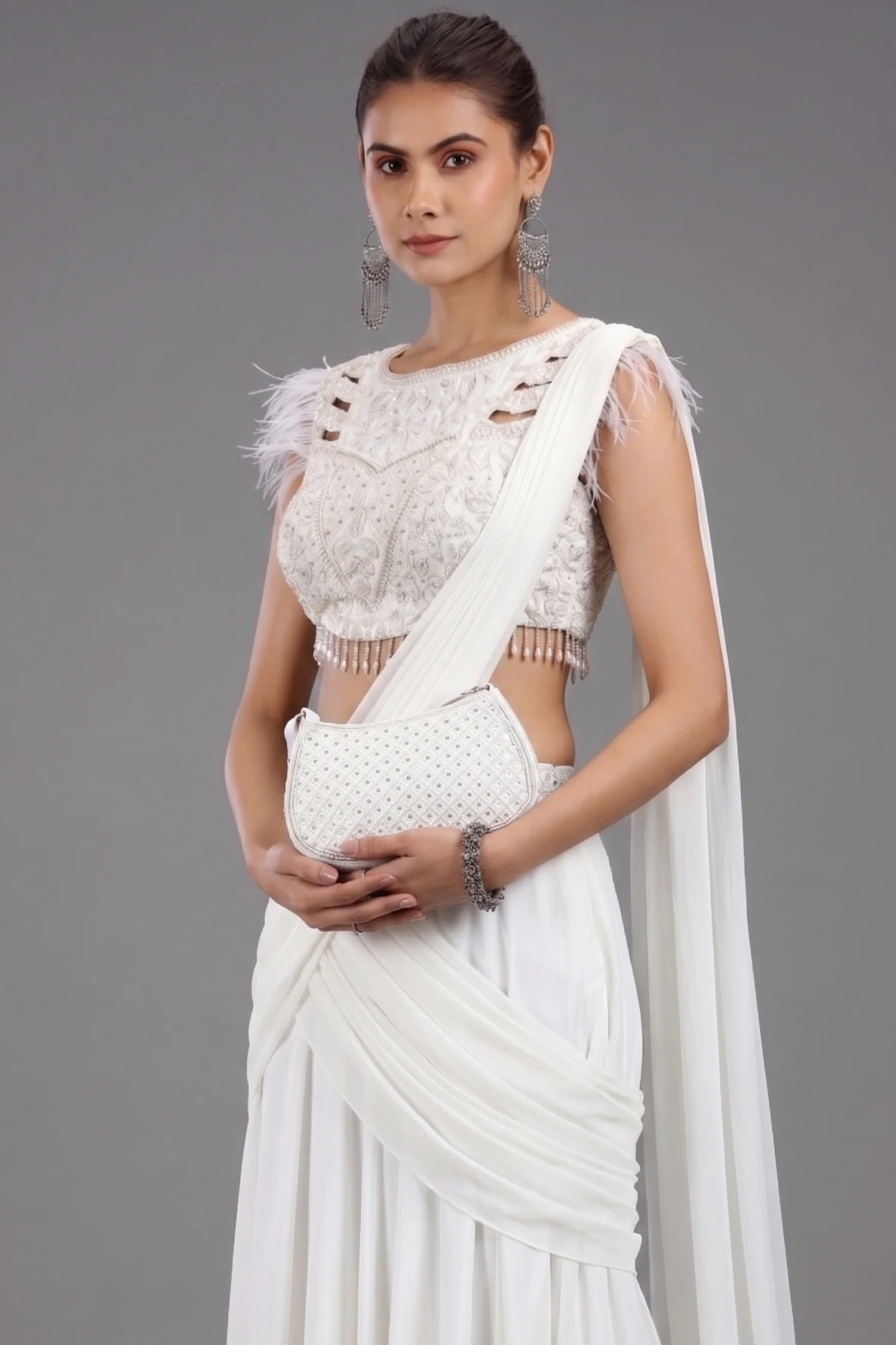 Pearl White Georgette Lehenga with Embellished Crop Top and Attached Dupatta - Image 2