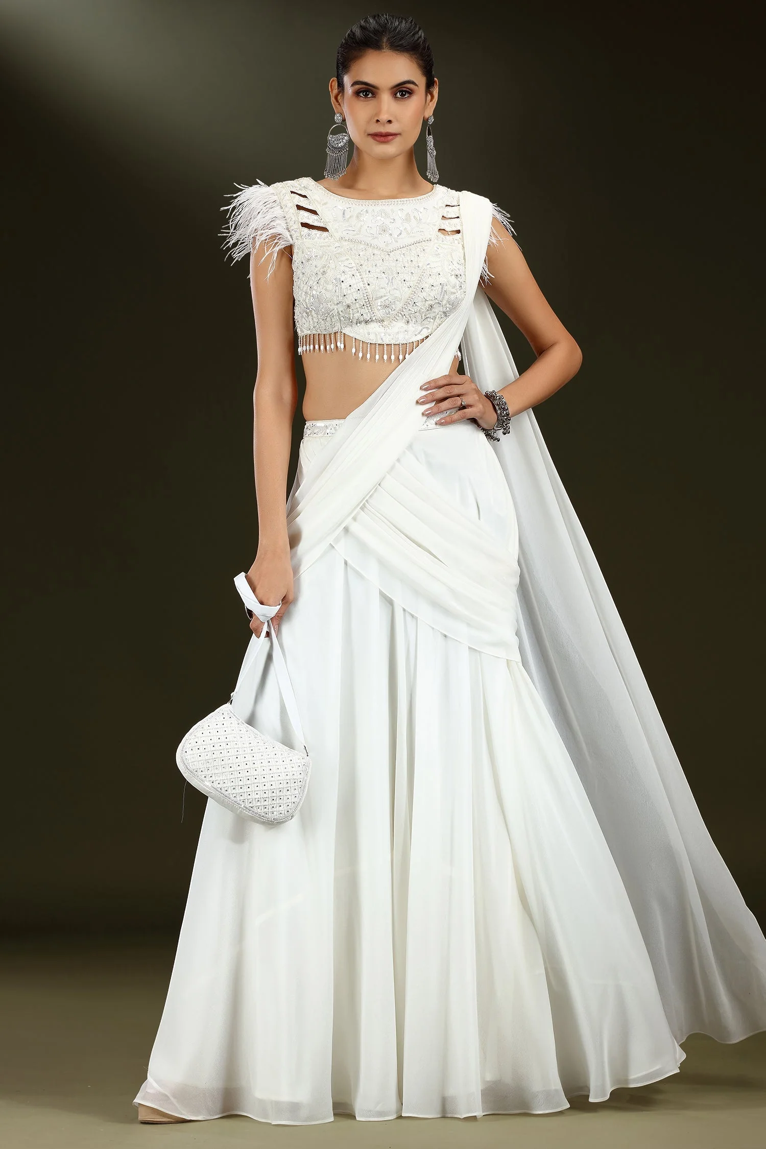 Pearl White Georgette Lehenga with Embellished Crop Top and Attached Dupatta - Image 3