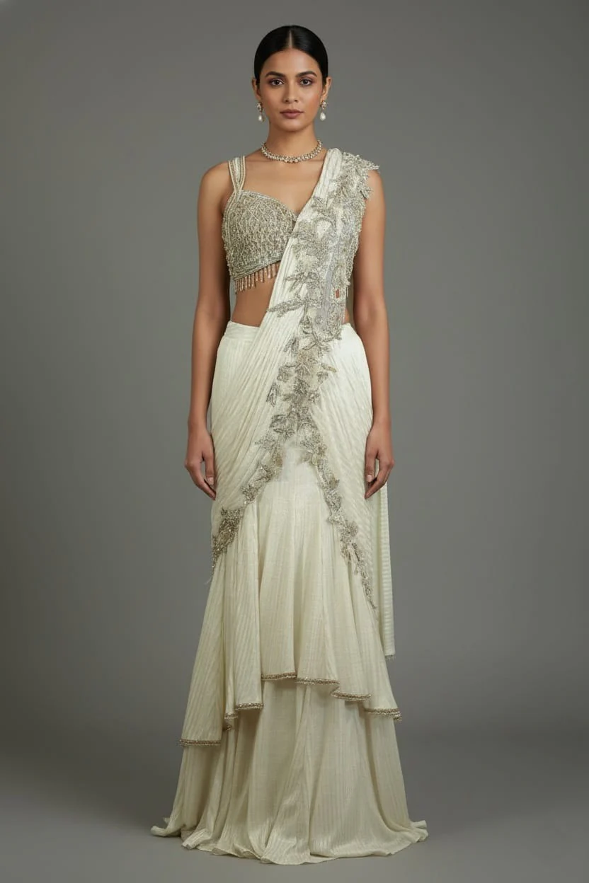Pearl White Imported Layered Fish Cut Pre Draped Lehenga Saree