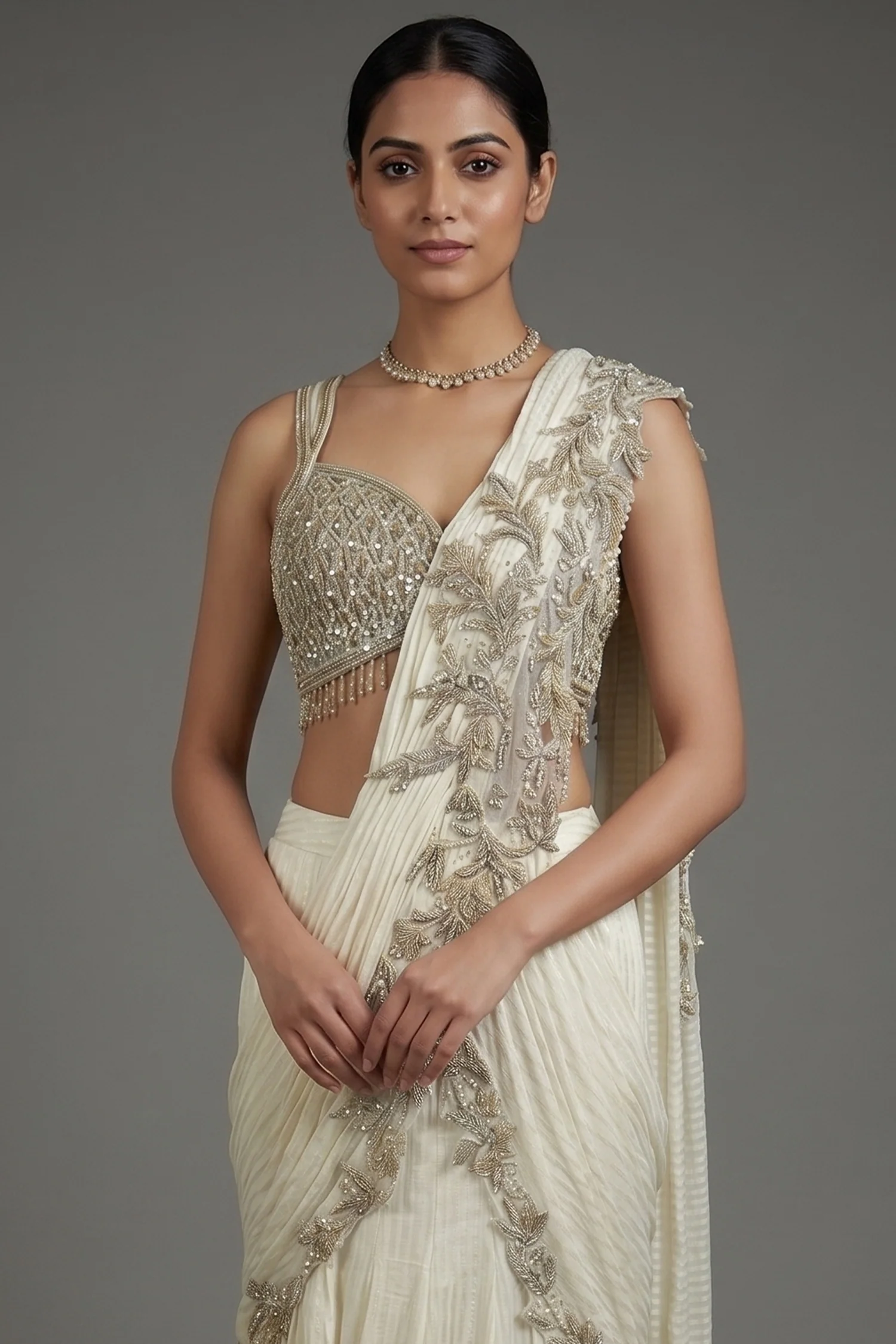 Pearl White Imported Layered Fish Cut Pre Draped Lehenga Saree - Image 2