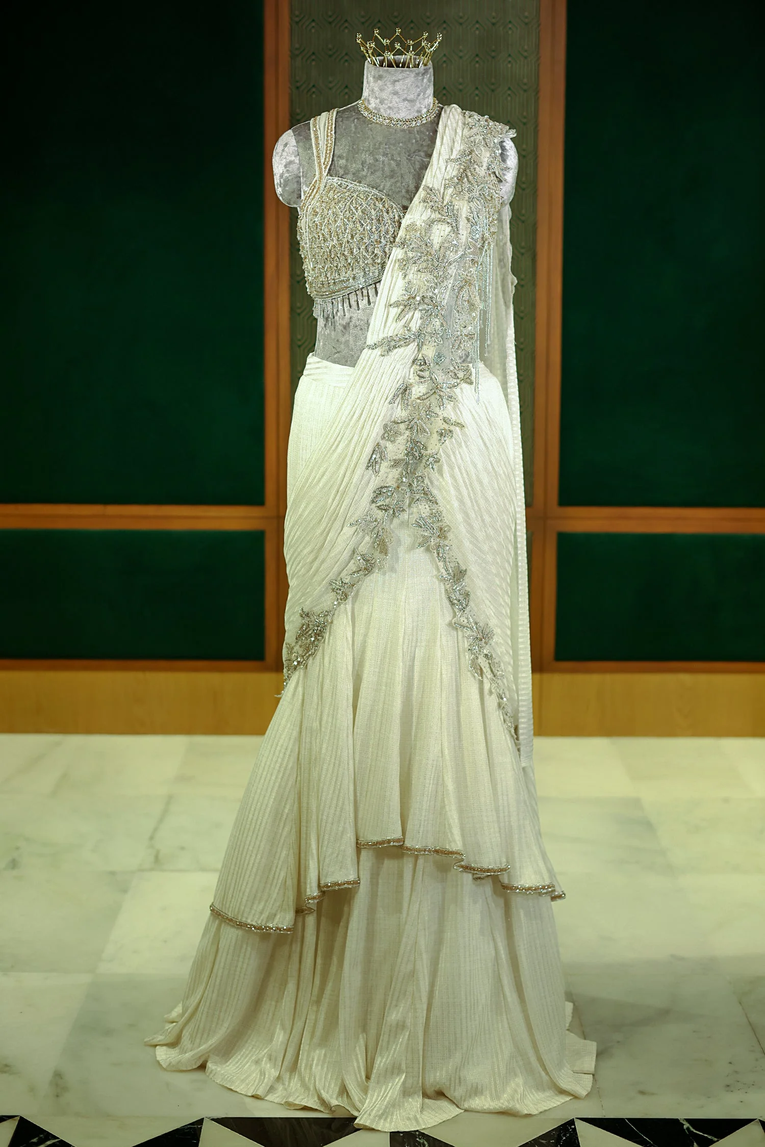 Pearl White Imported Layered Fish Cut Pre Draped Lehenga Saree - Image 3