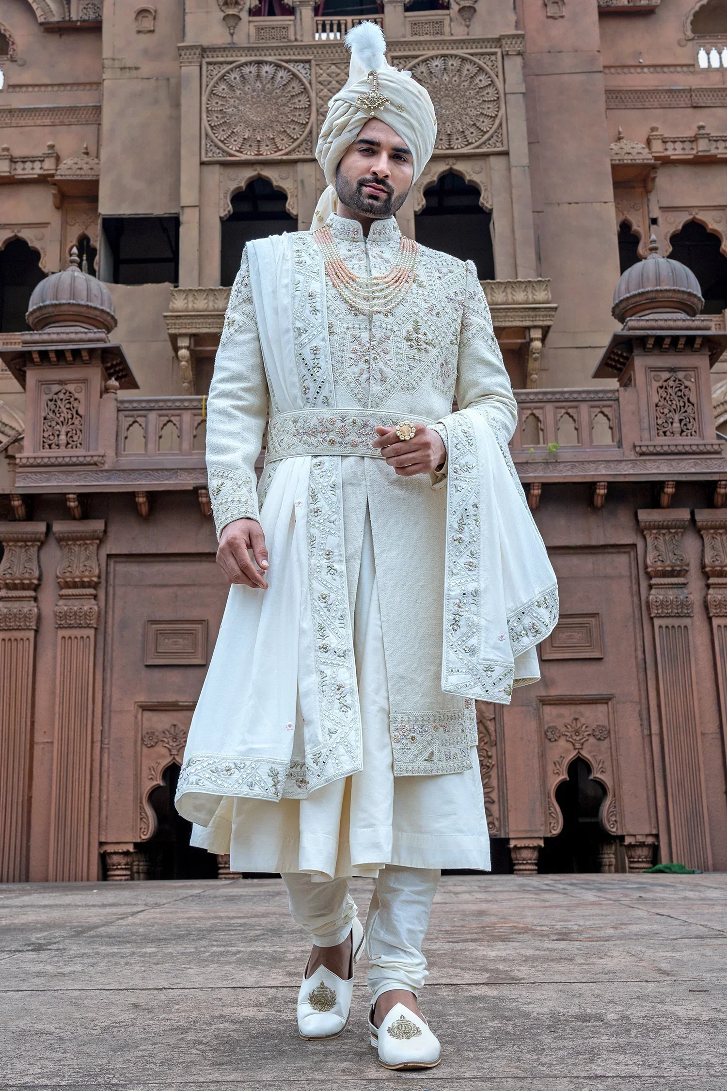 Pearl White Khadi Silk Handwork Sherwani Set - Image 2