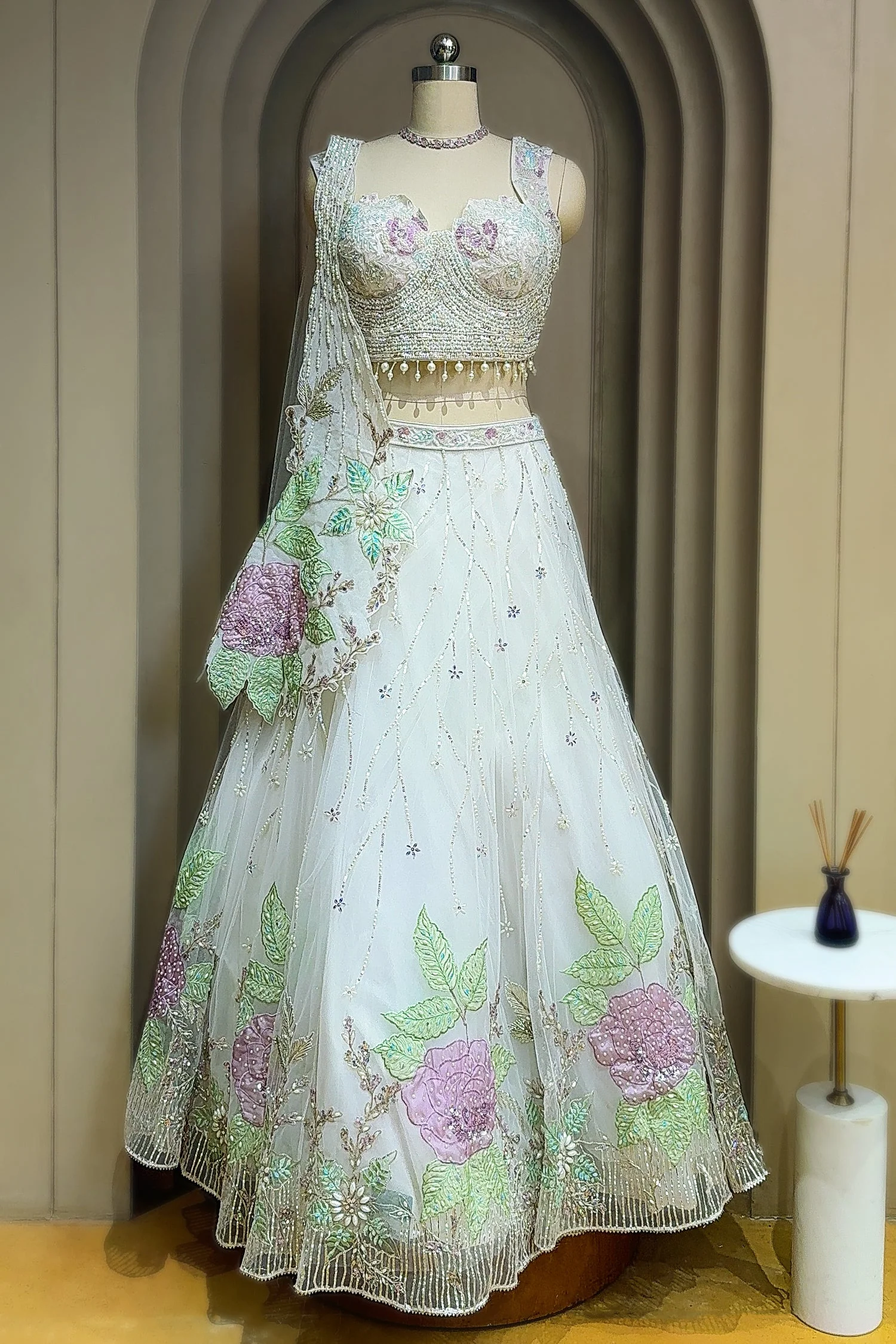 Pearl White Net Floral Patch Lehenga with Sequin Beaded Work - Image 2