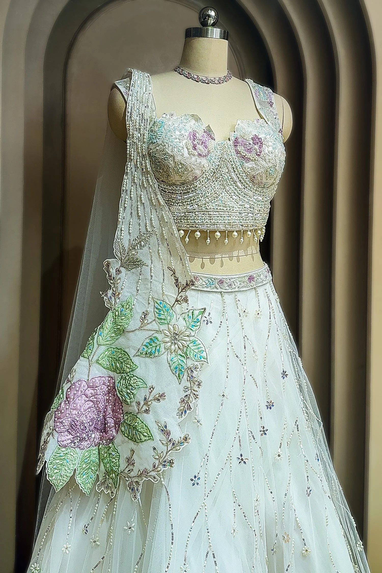 Pearl White Net Floral Patch Lehenga with Sequin Beaded Work - Image 3