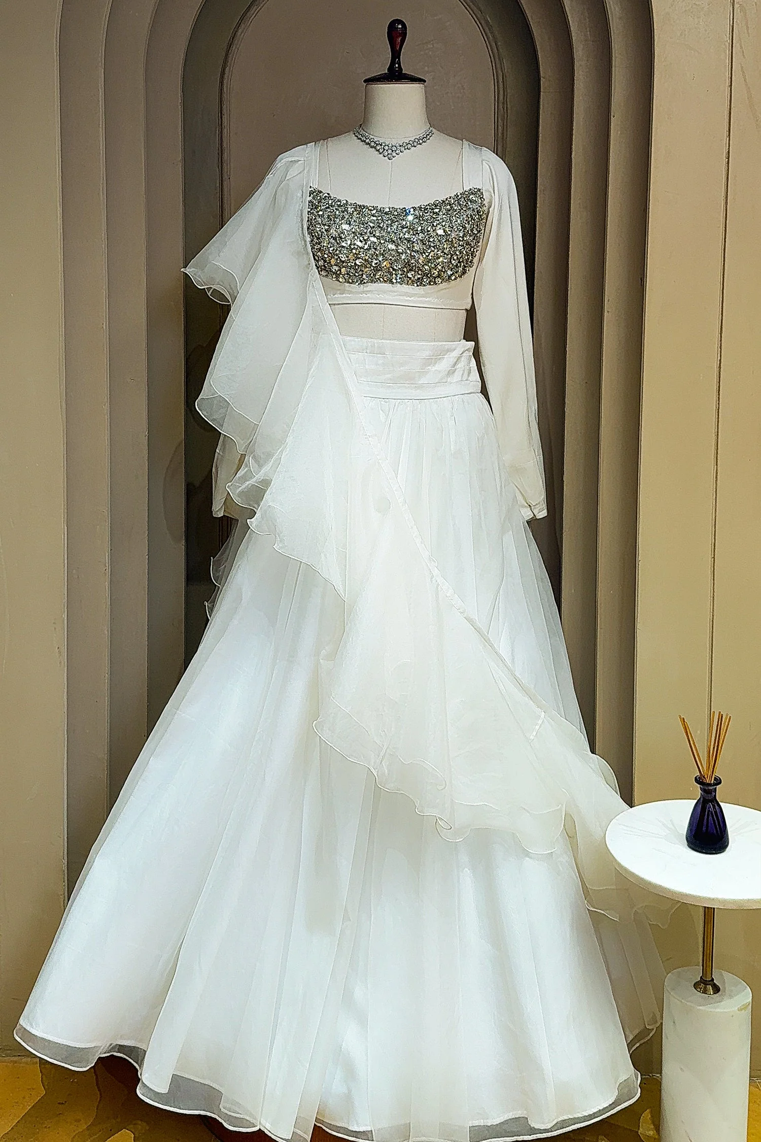 Pearl White Organza Lehenga with Stone Work and Attached Dupatta - Image 2