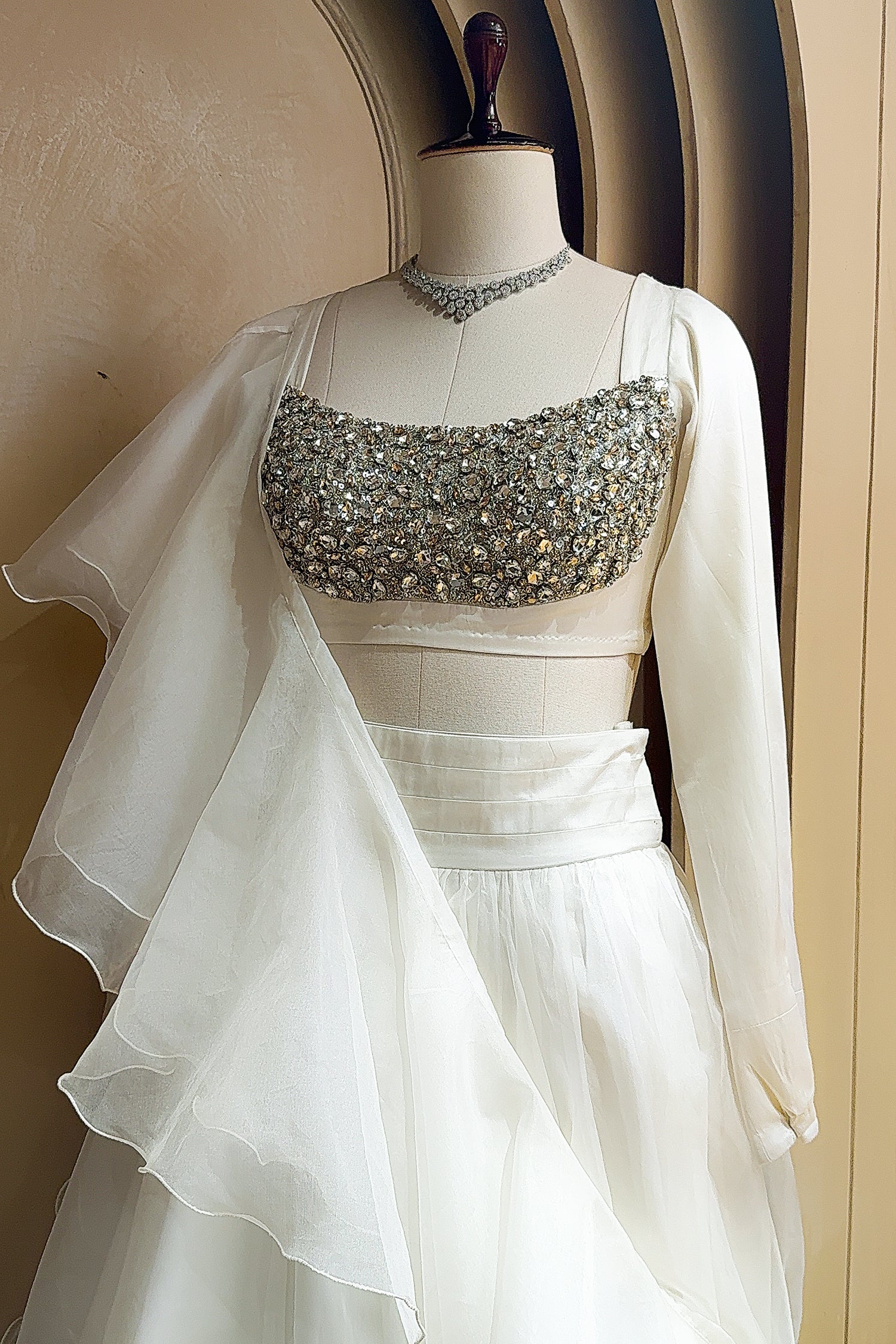 Pearl White Organza Lehenga with Stone Work and Attached Dupatta - Image 3