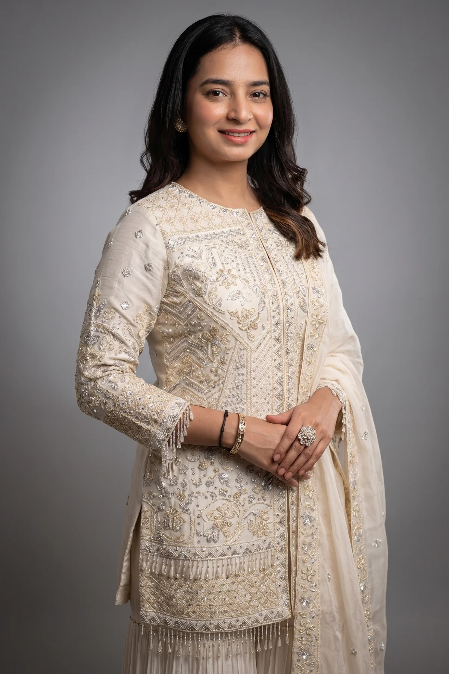 Pearl White Organza Sequinned and Beaded Work Sharara Set - Image 2