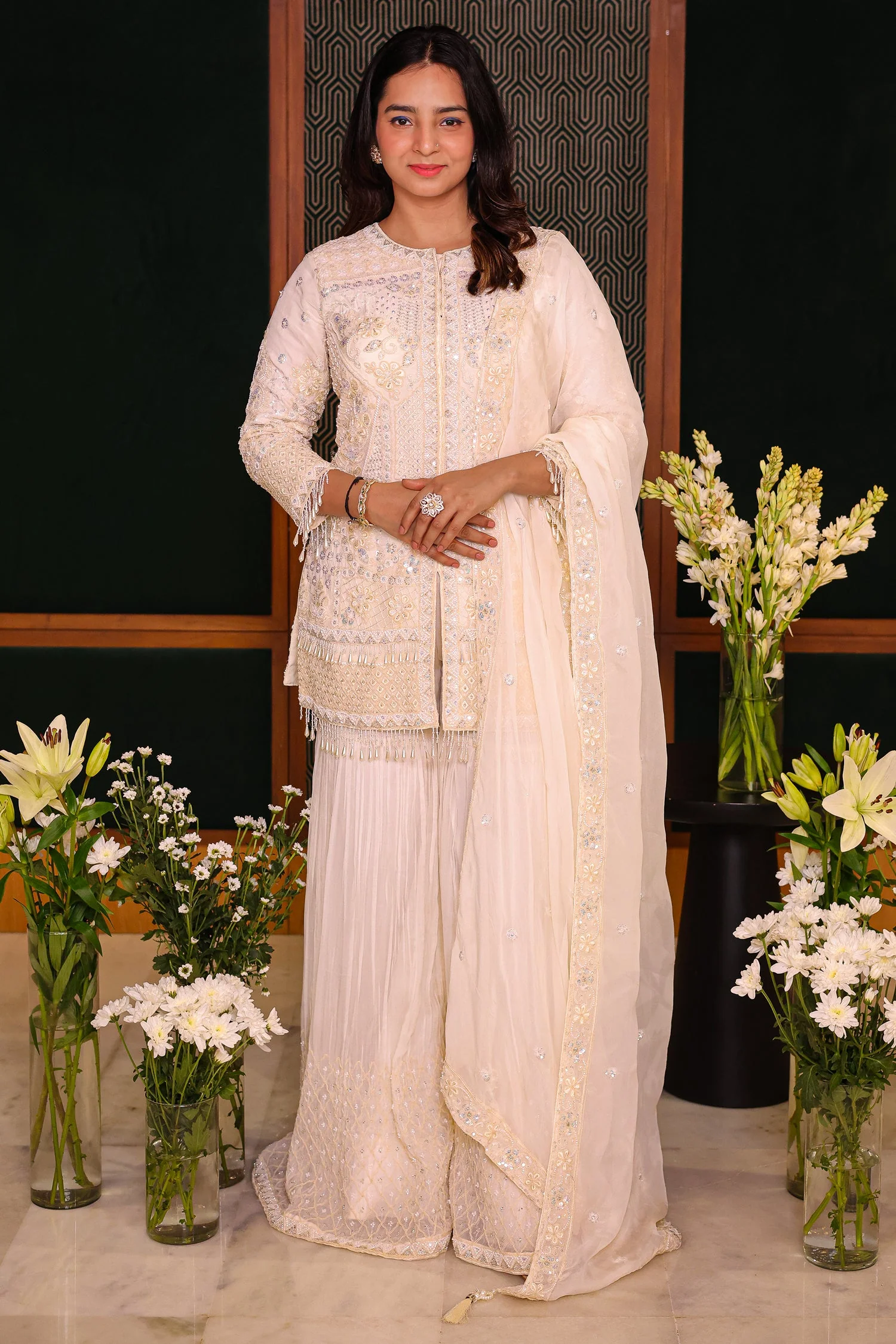 Pearl White Organza Sequinned and Beaded Work Sharara Set - Image 3