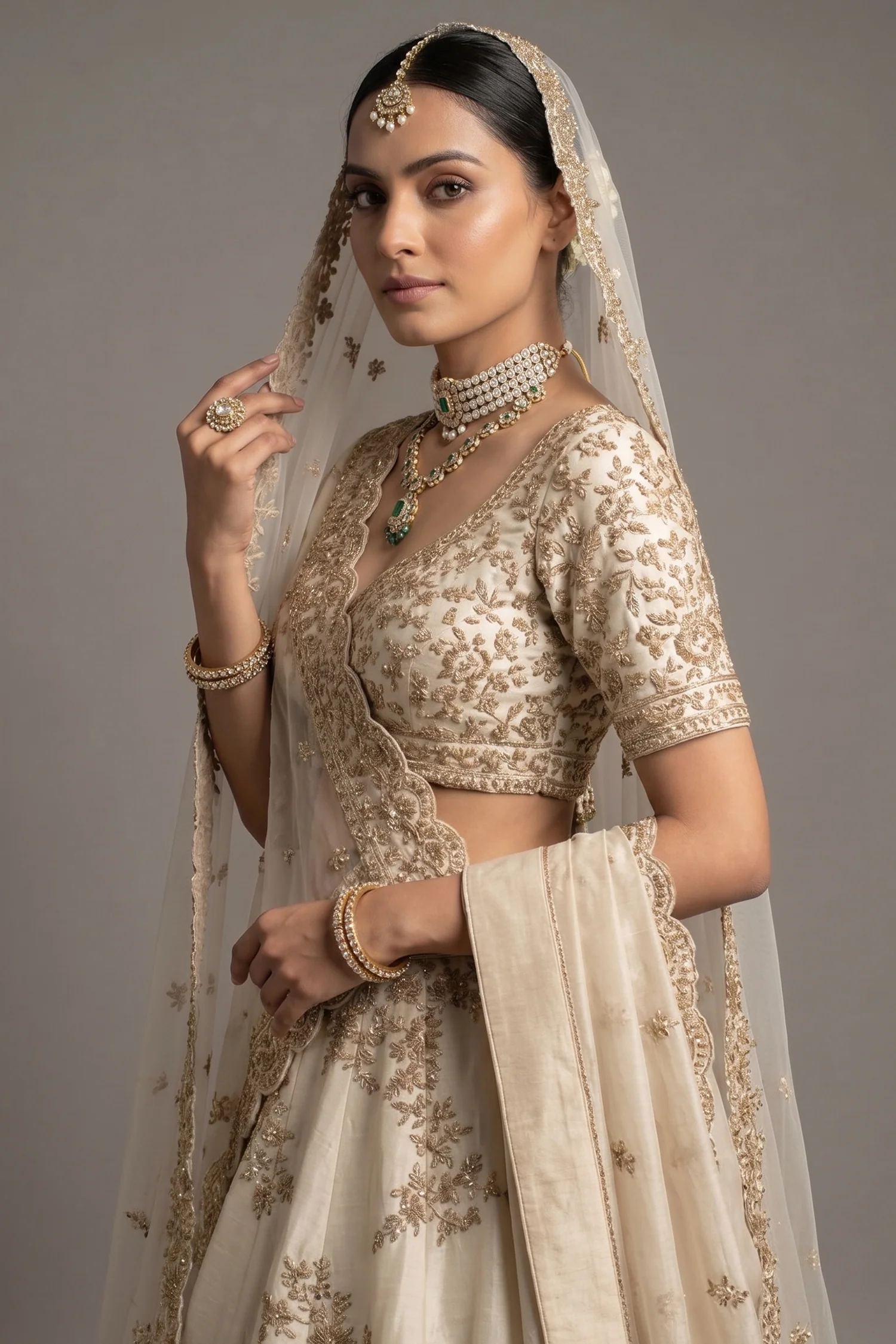 Pearl White Raw Silk Designer Zardosi Worked Lehenga with Double Dupatta - Image 2