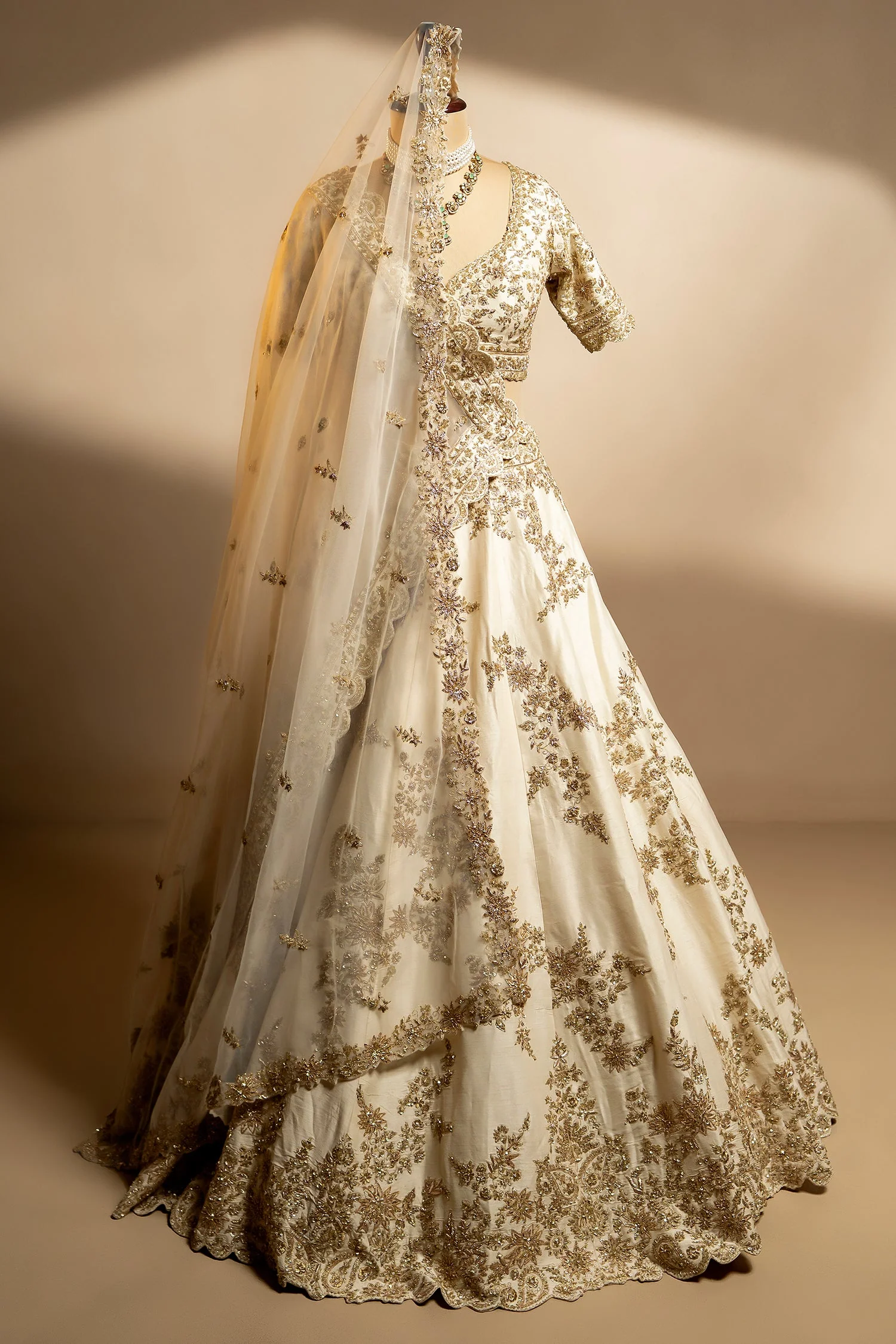 Pearl White Raw Silk Designer Zardosi Worked Lehenga with Double Dupatta - Image 3