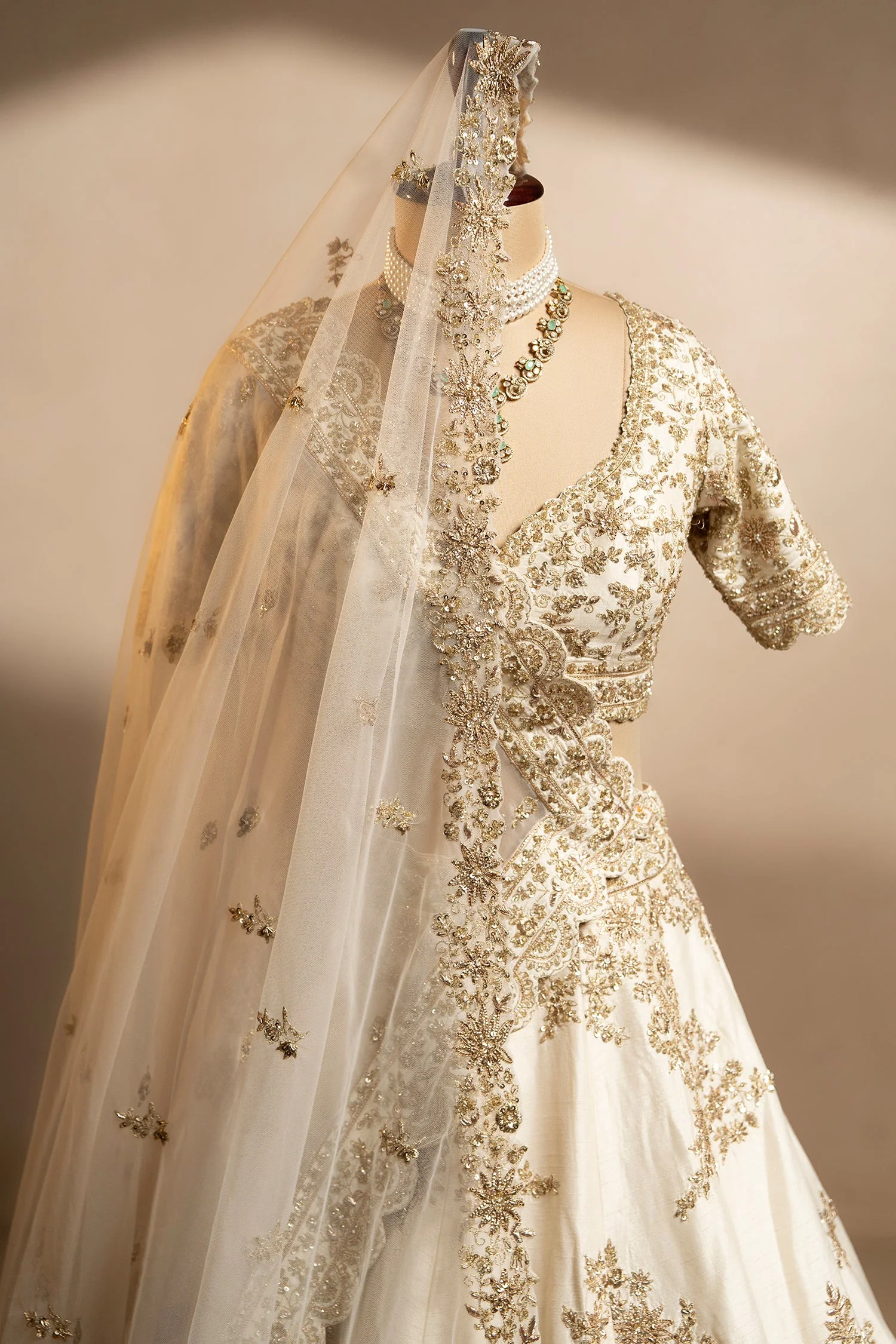 Pearl White Raw Silk Designer Zardosi Worked Lehenga with Double Dupatta - Image 4