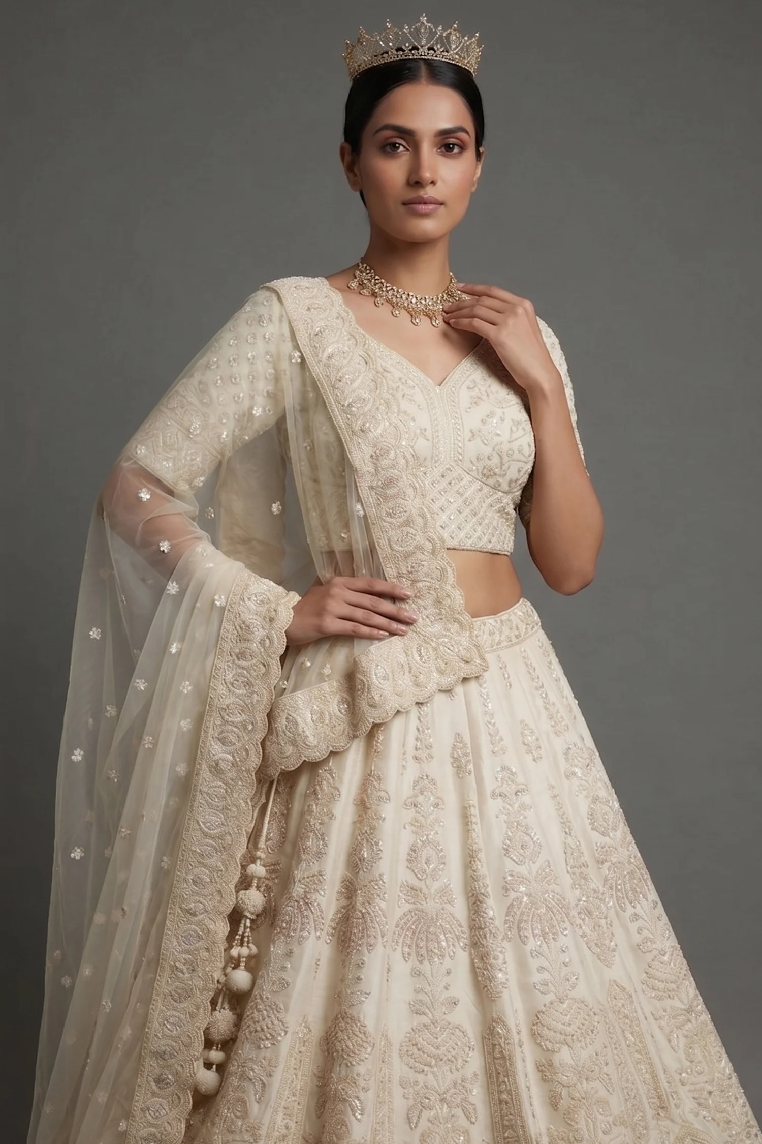 Pearl White Raw Silk Embellished Beads and Cutdana Worked lehenga - Image 2
