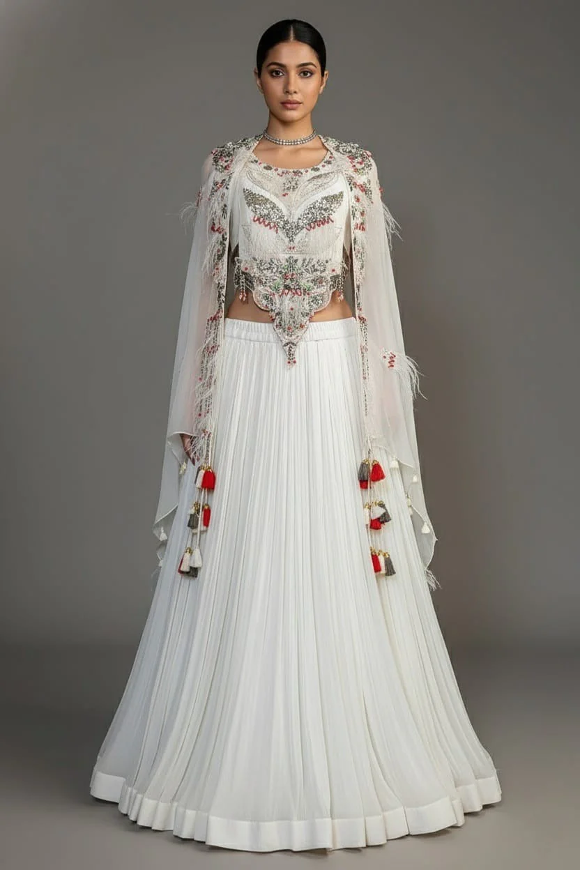 Pearl White Sequin Worked Georgette Crop Top Lehenga with Jacket